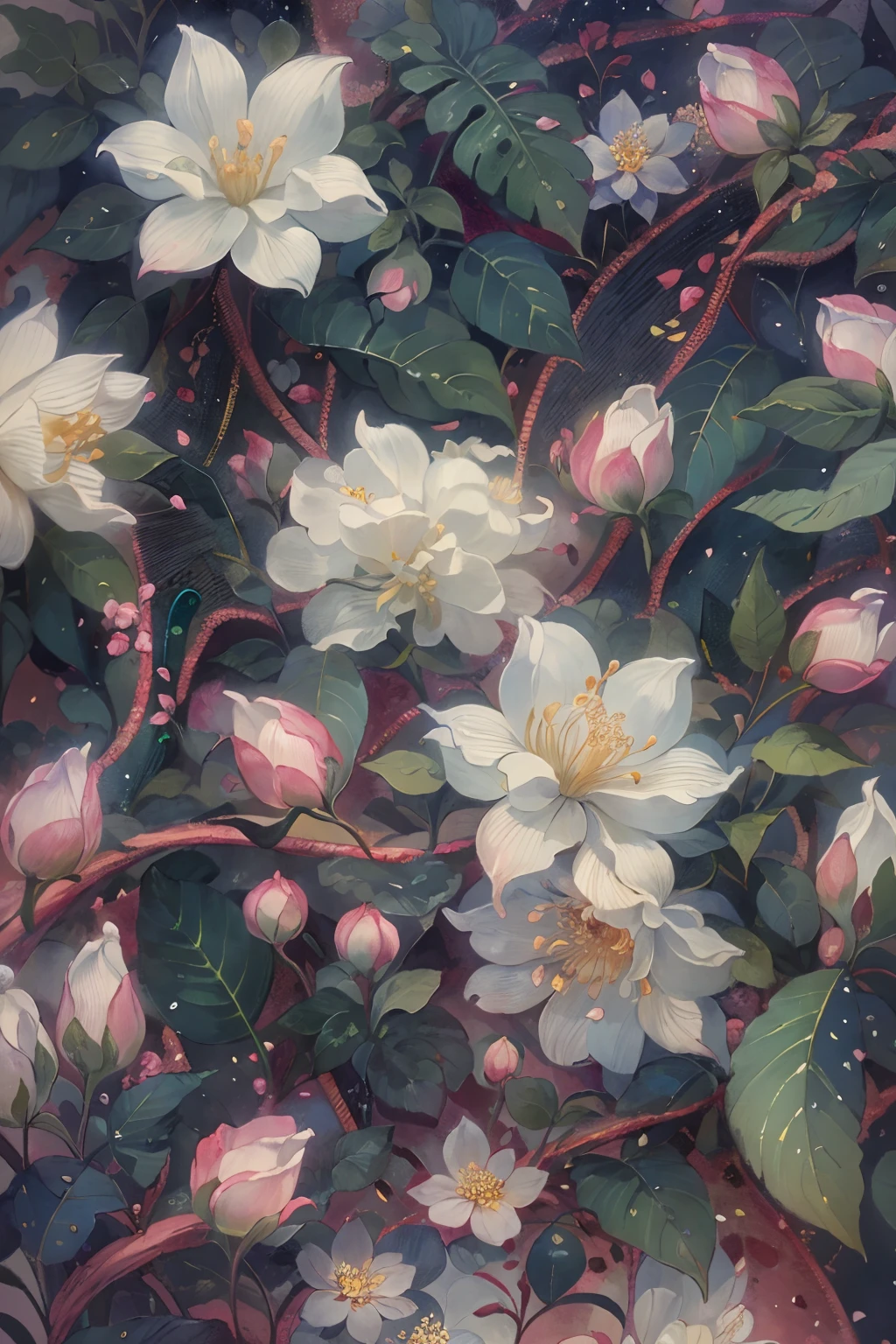 Original，（illustratio：1.1），（best qualtiy），（tmasterpiece：1.1），（the Extremely Detailed CG Unity 8K Wallpapers），（a color：1.2），jasmine flowers，Jasmine petals，scenecy，rios|Wagas，