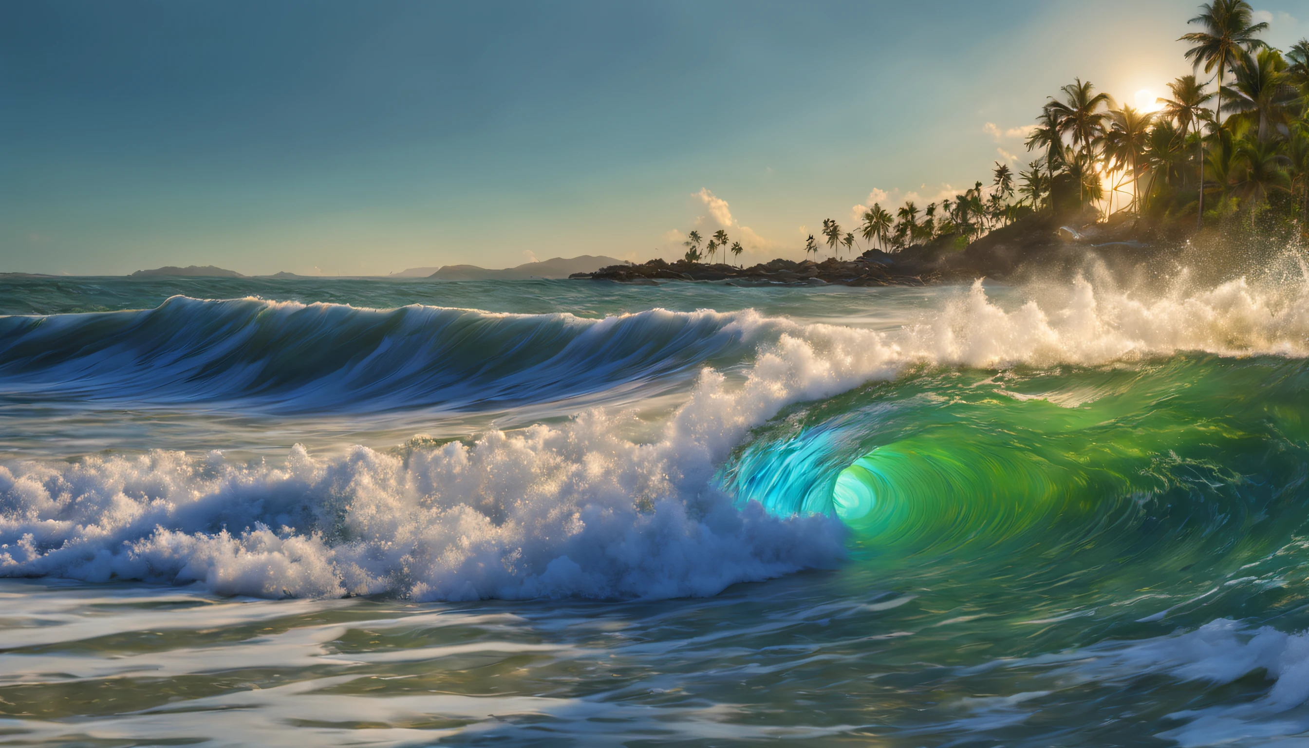 WAve strum, coral fret, sea shell chord, green palm, Tidal blue flaminco. Tsunami. Photo realistic. hyper realistic photography, HDR, UHD 32k. --AR 16:9