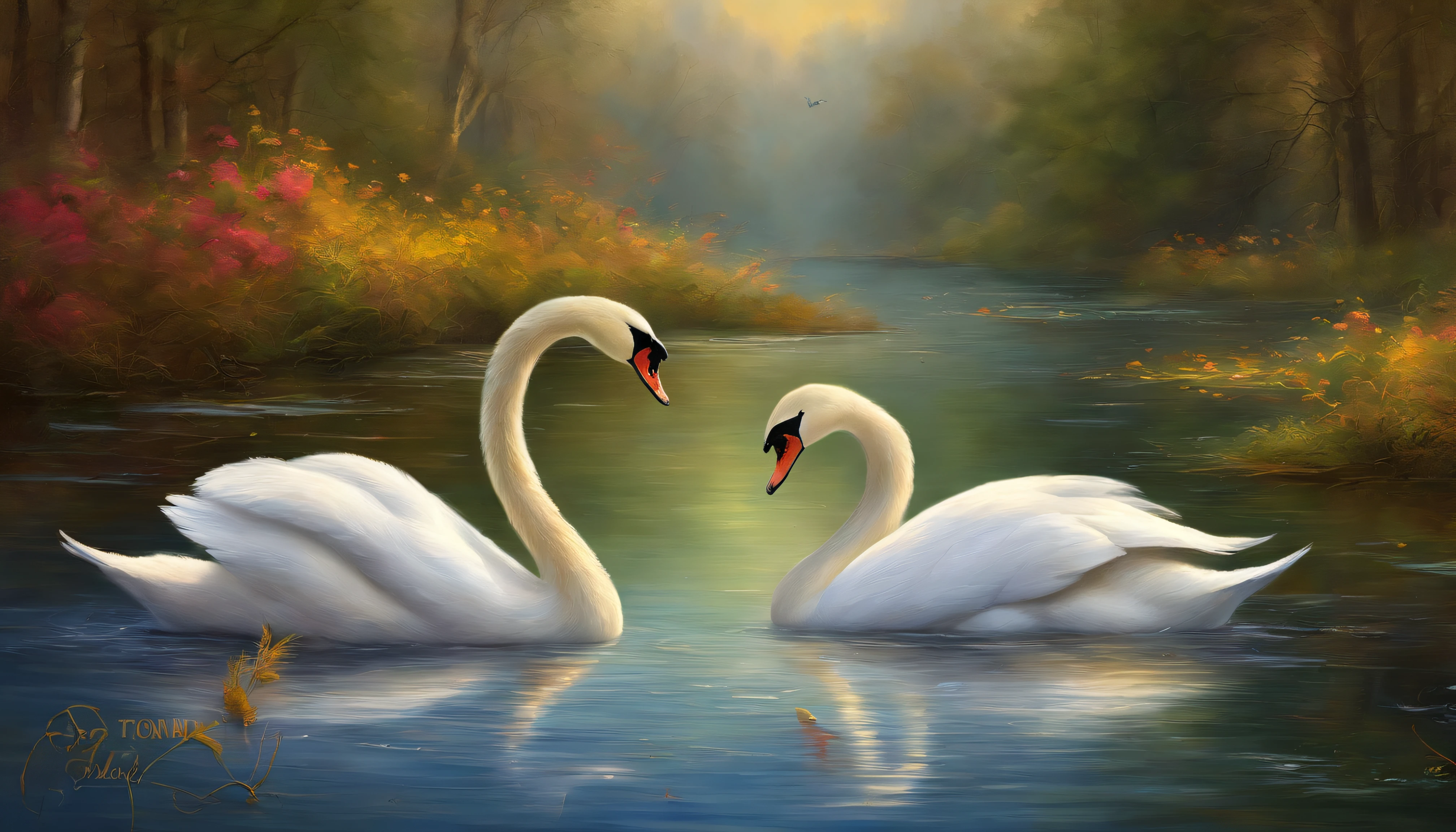 oil painting of two swans making a heart shape with their necks in the water, swans, dreamy and romantic, beautiful dreamy breathtaking, two swans swimming on the lake, very beautiful photo, swan, beautiful art uhd 4 k, beautiful nature, beautiful art, beautiful wallpaper, peaceful and graceful, beautiful fantasy, extremely beautiful and ethereal, beautiful digital art, beautiful gorgeous digital art,highly detailed oil-painting, beautiful oil matte painting, tranquil scene, style of Thomas Kinkade, breathtaking masterpiece of art, dream scenery art, thomas kinkade style painting, 8k high Res, hyper detailed, impasto.