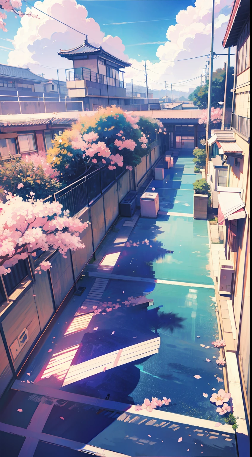 BG with only cherry blossoms and clouds, 2D Anime BG, It features a simple, fresh, Pastel blue and pink, Simple BG, High school rooftop gonzo, chain-link fence