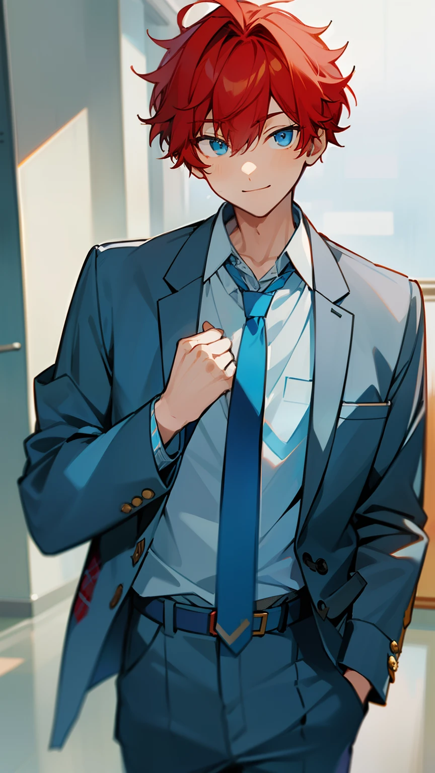 amagi hiiro, boy, red hair, 1boy, pants, necktie, blue eyes, solo, plaid pants, looking at viewer, jacket, smile, shirt, belt, cowboy_shot, white shirt, bangs, grey_pants, long_sleeves, closed mouth, collared_shirt, ((light blue jacket)), ((blue necktie)), school uniform