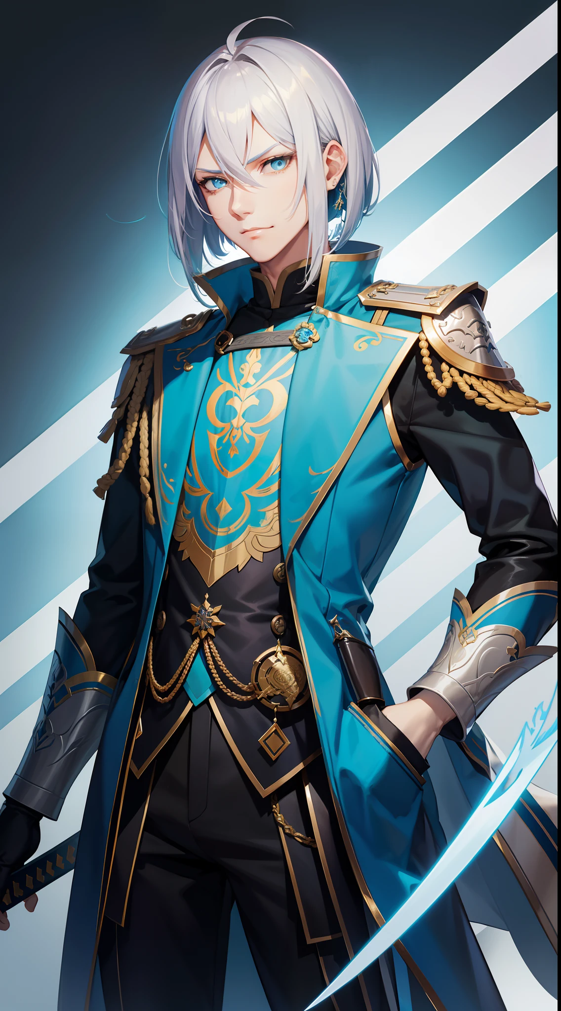 Tall guy, Silver hair in a bob, Cyan eyes, smirk, grace, Beautiful blue Chinese combat jacket, Gold Elements, black tight pants, Chinese Sword, Blue finch, Ling(Mobile Legends), hiquality, 4k, HD, Good detail