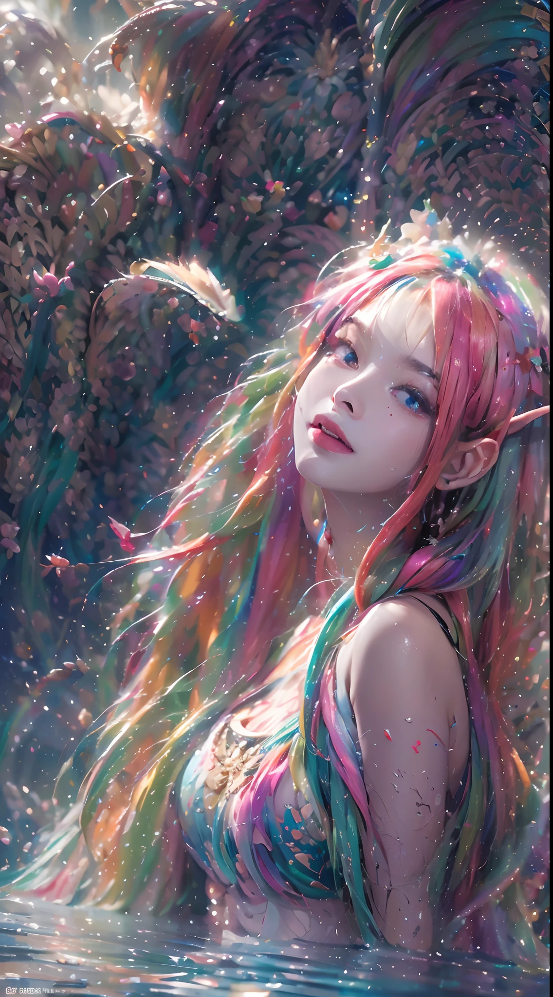 ( Absurd, High quality, Ultra-detailed, Masterpiece, concept-art, smooth, high detail artwork, Hyper-realistic painting , high resolution, paint splatter, colored splashing, Splash of Ink, colored splashing), (( Rainbow hair)),elf, Plum elf, plum , Transparent fairy wings, wearing only his underwear,huge tit,low chest,fairytale-like, Romantic, Vivid, Whole body,hand behind back,Malu,largeeyes,(Eye focus),Cosmic eyes,Space eyes,In nature with waterfalls,pureerosface_v1,ulzzang-6500-v1.1,