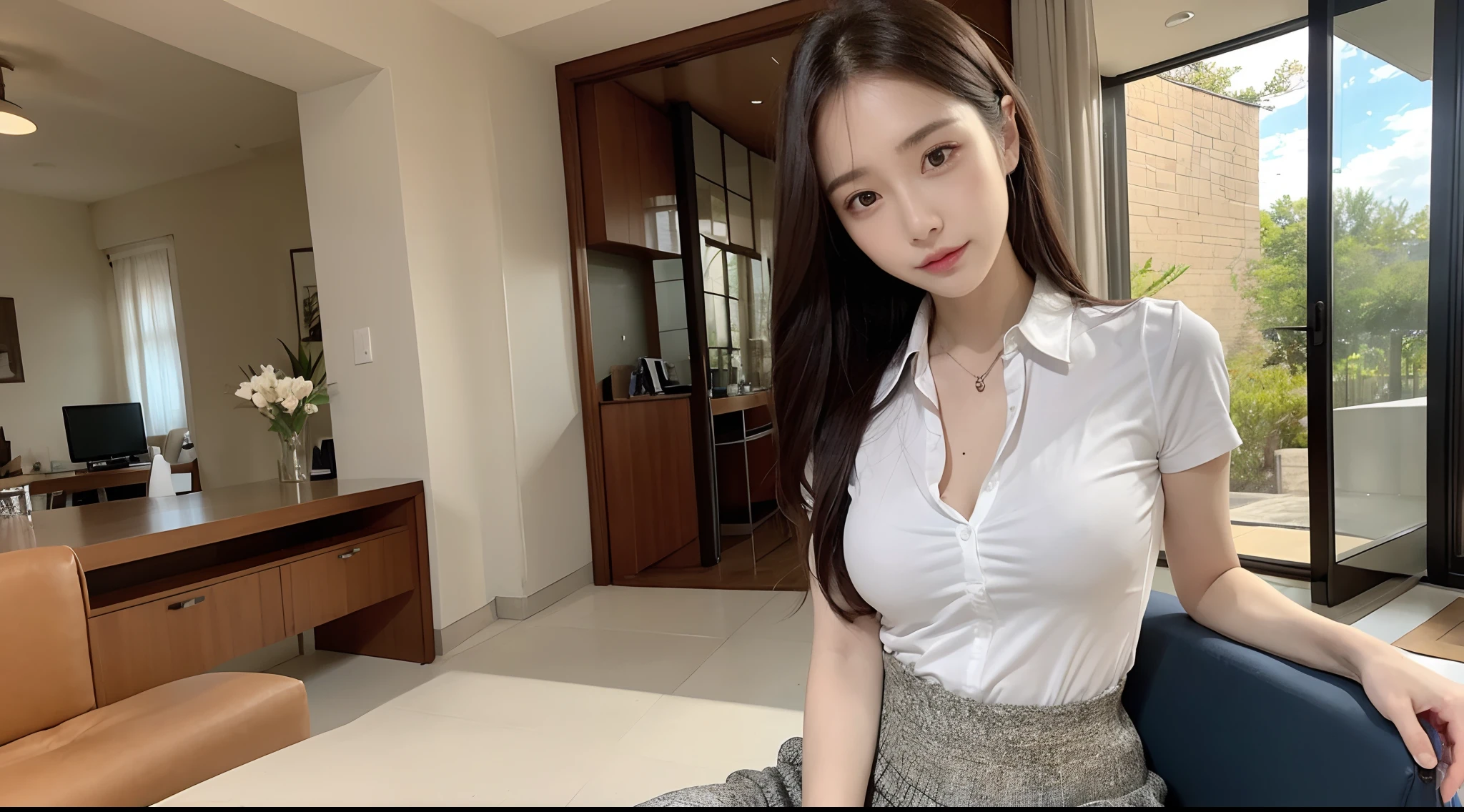 (High-resolution 8K raw photos are realistic,best qualtiy,),A Chinese woman,(The shirt，Business suit，Fashionab),long whitr hair,Skinny and small,beautidful eyes,Super detailed face,Beautiful woman,tight-fitting,Big breasts Thin waist,Teenage uncensored,cute female child,Glowing skin,20yr old,(waterfallr，florals，grassy)，Sharpen,Chiffon,Front light，rays of sunshine，Solo，Perspectiva subjetiva,(中景 the scene is，A half body：1.3),Focus on the face,Microlenses，Tattooed with，solo person，Solo,shot from a far distance