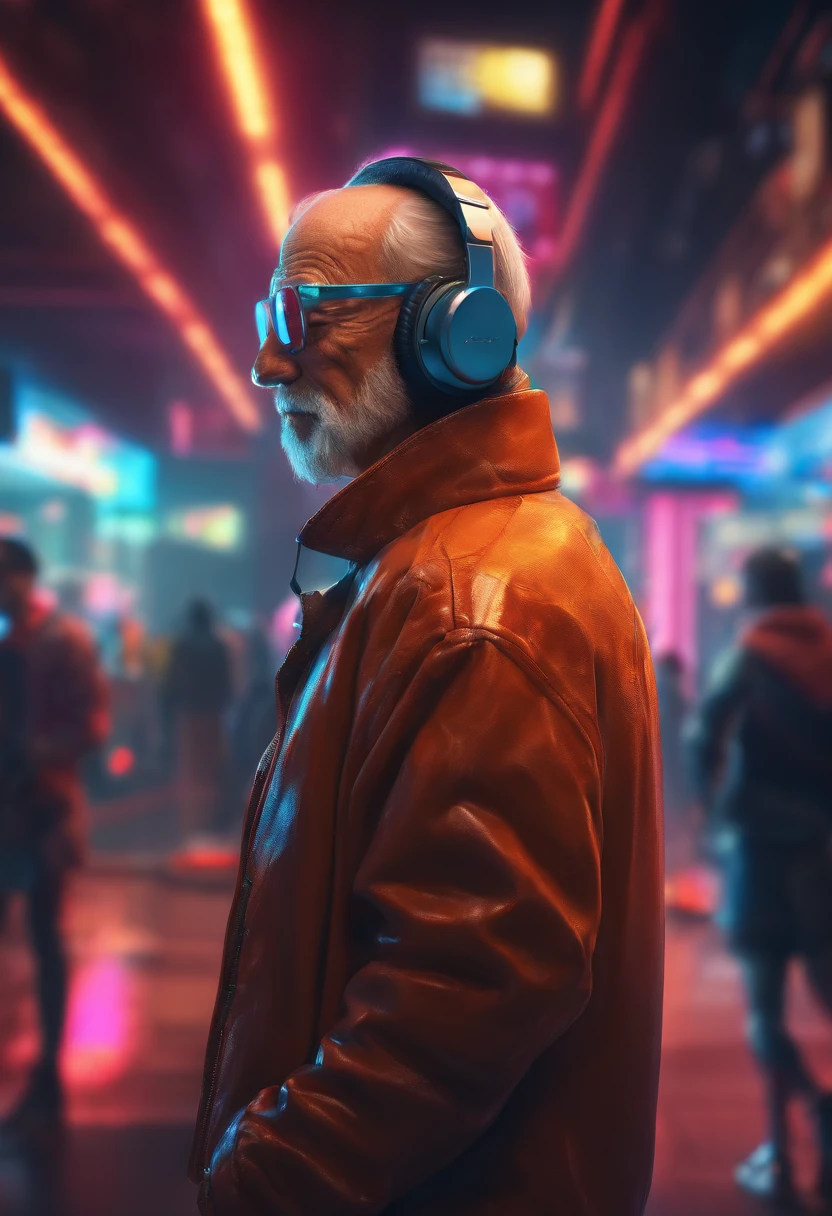 A happy old man listening a music with headphone, wearing punk suit, dancing poses, bald, fat, neon lights, cyberpunk room, detailed face and eyes, perfect anatomy, natural skin, perfect object, happy expression, ambient lighting, raw photo, ultra detailed, realistic photo, highly texture, full frame photo shot, wide composition angle, masterpiece composition, ultra hd, 8k, depth of field, sharp focus, emitting diodes, smoke, sparks, racks, by pascal blanche rutkowski repin artstation hyperrealism concept of detailed character design, 4 k resolution.