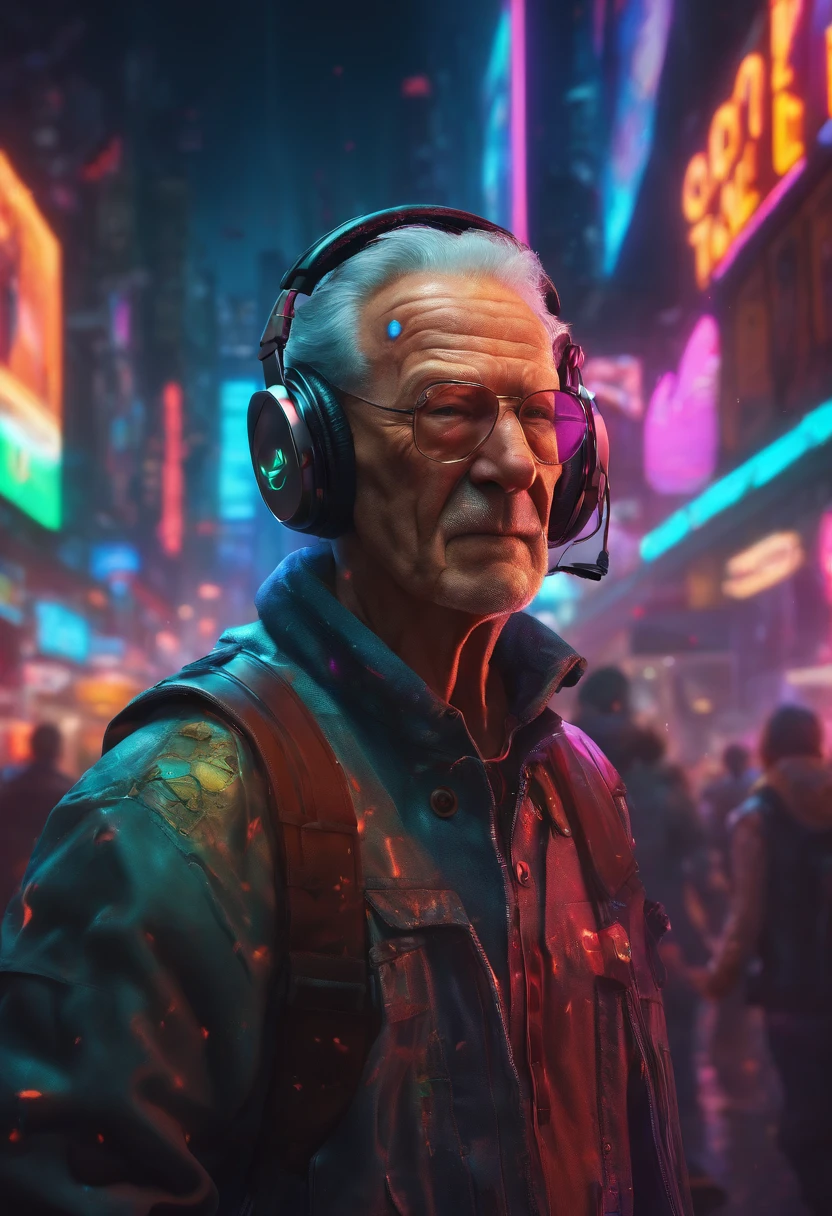 A happy old man listening a music with headphone, wearing punk suit, dancing poses, bald, fat, neon lights, cyberpunk room, detailed face and eyes, perfect anatomy, natural skin, perfect object, happy expression, ambient lighting, raw photo, ultra detailed, realistic photo, highly texture, full frame photo shot, wide composition angle, masterpiece composition, ultra hd, 8k, depth of field, sharp focus, emitting diodes, smoke, sparks, racks, by pascal blanche rutkowski repin artstation hyperrealism concept of detailed character design, 4 k resolution.