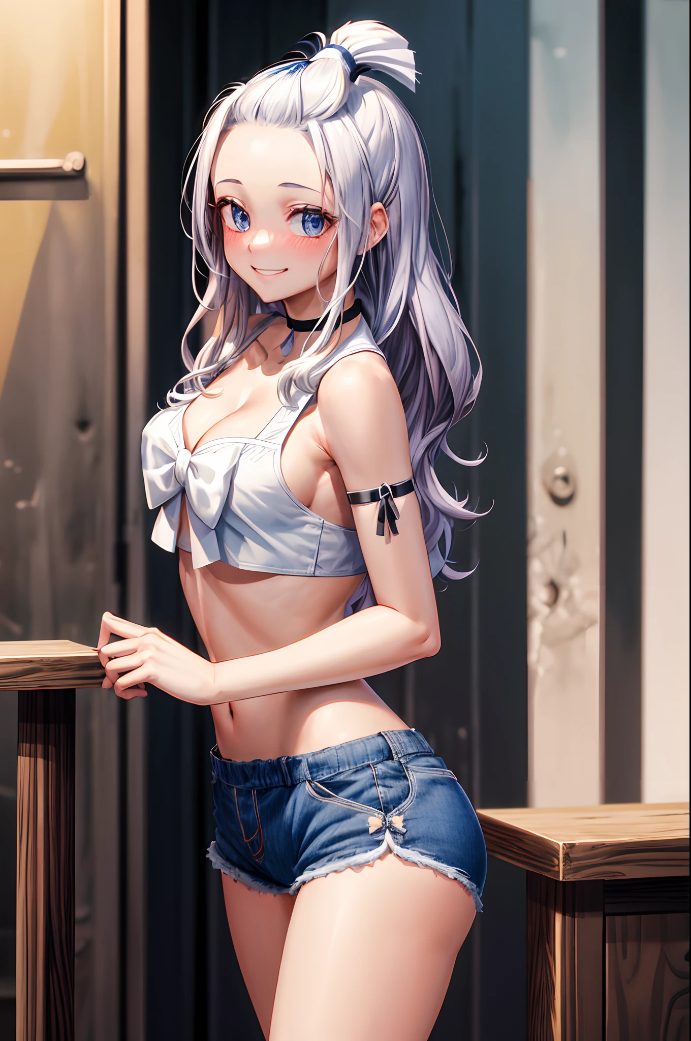 masterpiece, best quality, highres, Amira, long hair, bangs pinned back, topknot, forehead, choker, bare shoulder, cleavage, mini shorts , small bra,bow, sleeveless, cowboy shot, standing, outdoors, bar, smile, shy, blushing smile,showing ass