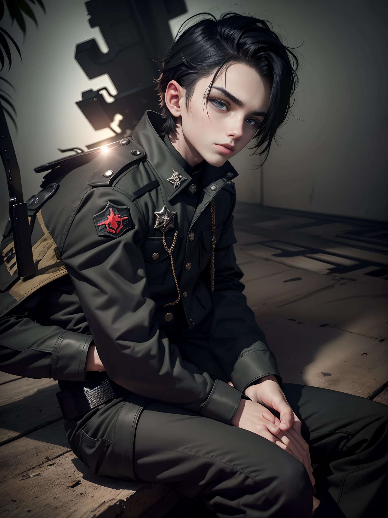 boy militar with black clothes, full body, have demon inside of his soul,demon face in his head, sitting with hands crossed, fotografia ultra realista cinematogáfica  -