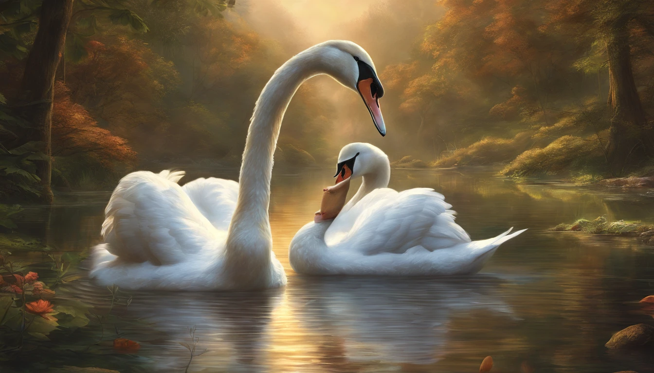 oil painting of two swans making a heart shape with their necks in the water, swans, ((spreading wings)), dreamy and romantic, beautiful dreamy breathtaking, two swans swimming on the lake, very beautiful photo, swan, beautiful art uhd 4 k, beautiful nature, beautiful art, beautiful wallpaper, peaceful and graceful, beautiful fantasy, extremely beautiful and ethereal, beautiful digital art, beautiful gorgeous digital art,highly detailed oil-painting, beautiful oil matte painting, tranquil scene, style of Thomas Kinkade, breathtaking masterpiece of art, dream scenery art, thomas kinkade style painting, 8k high Res, hyper detailed, impasto.