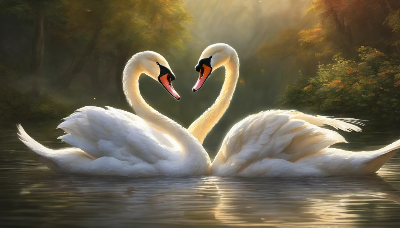oil painting of two swans making a heart shape with their necks in the water, swans, ((spreading wings)), dreamy and romantic, beautiful dreamy breathtaking, two swans swimming on the lake, very beautiful photo, swan, beautiful art uhd 4 k, beautiful nature, beautiful art, beautiful wallpaper, peaceful and graceful, beautiful fantasy, extremely beautiful and ethereal, beautiful digital art, beautiful gorgeous digital art,highly detailed oil-painting, beautiful oil matte painting, tranquil scene, style of Thomas Kinkade, breathtaking masterpiece of art, dream scenery art, thomas kinkade style painting, 8k high Res, hyper detailed, impasto.