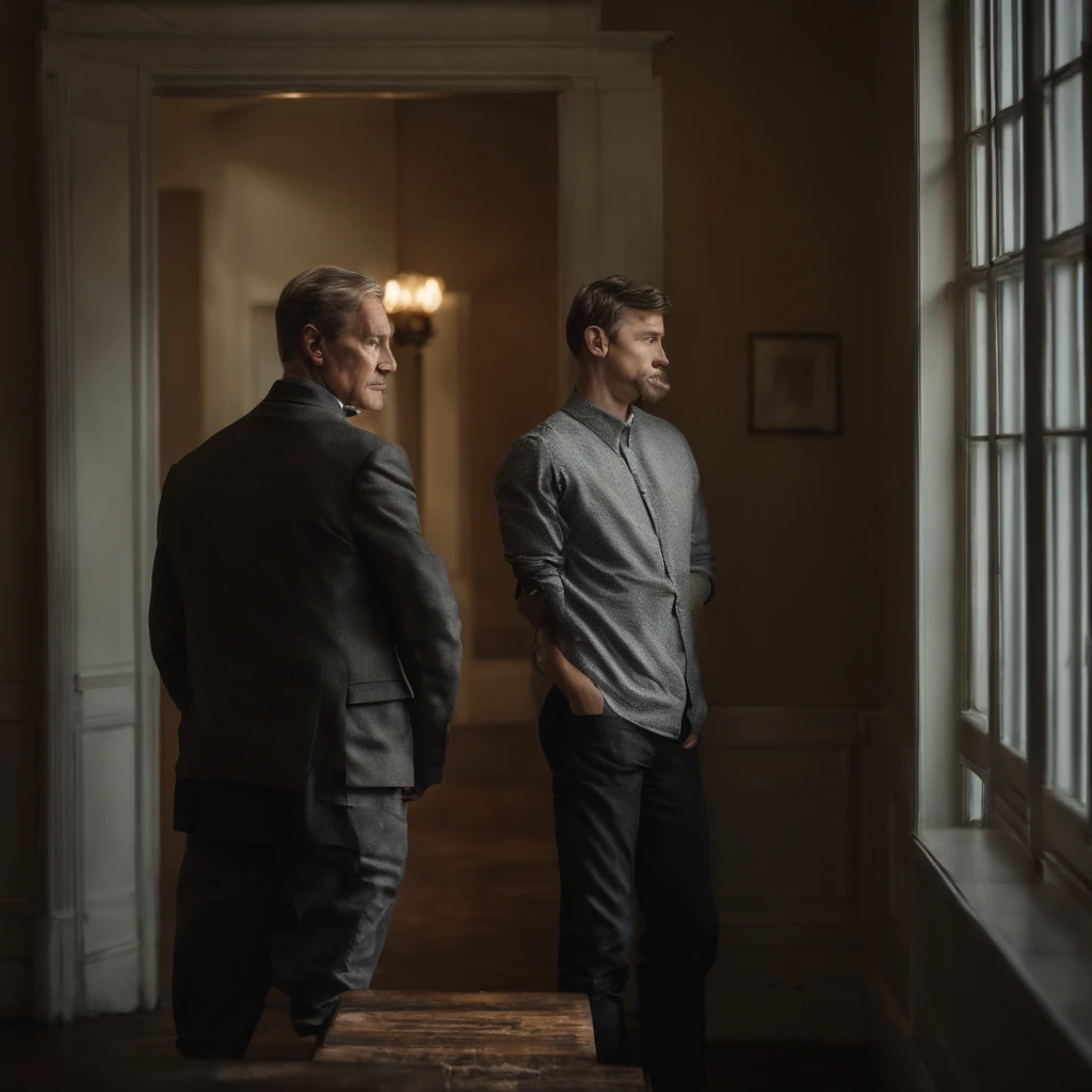 A Photograph: Two individuals, inclined apart, with a ((wall)) depicting foolishness and "differences". A realistic portrayal of disconnection and ignorance, captured in a professional photoshoot reflecting muted tones and subtle lighting.