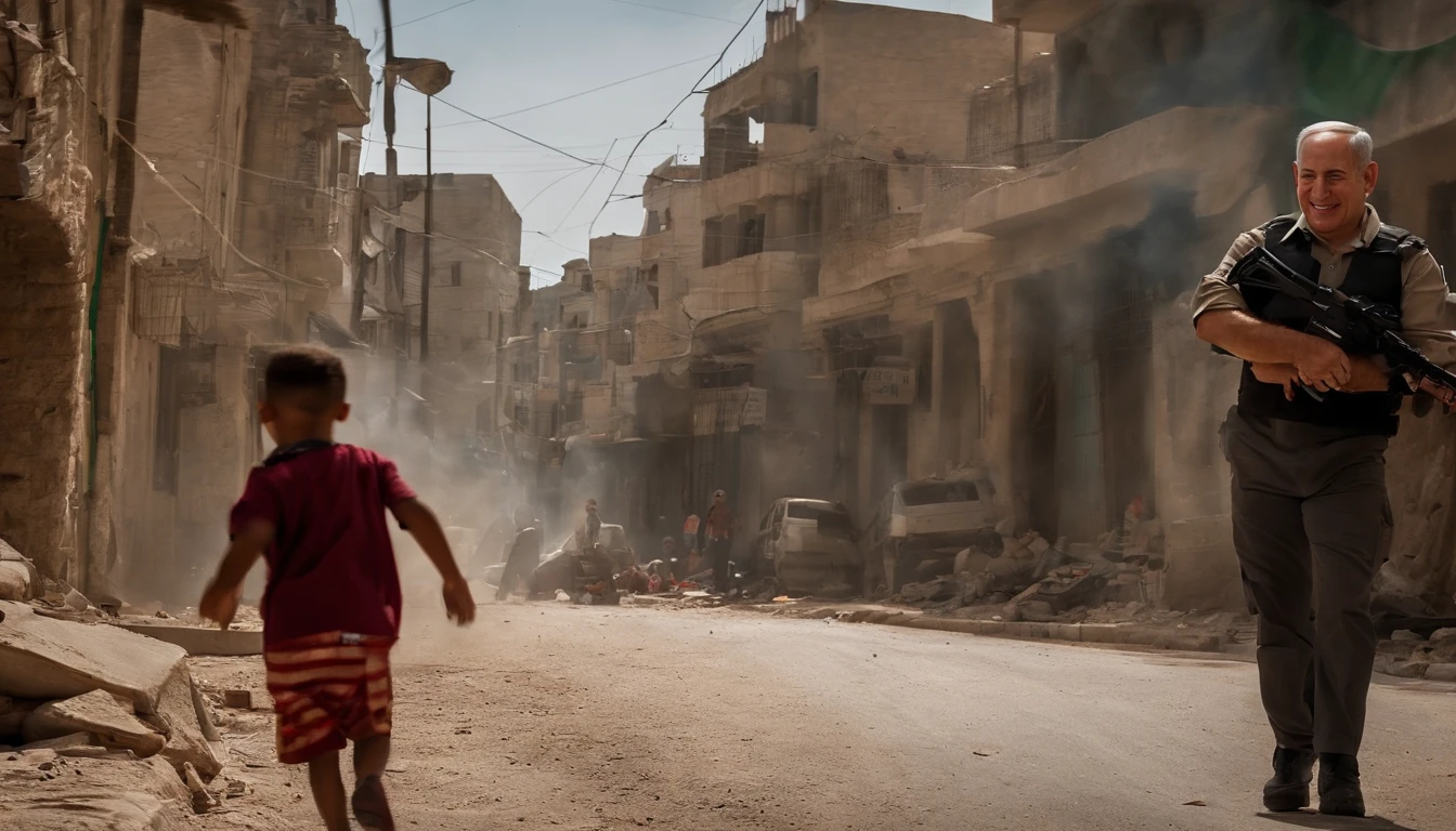 Benjamin Netanyahu is smiling cruelly and killing little innocent Palestinian children brutally from missiles. In Palestine street . Whole street view
