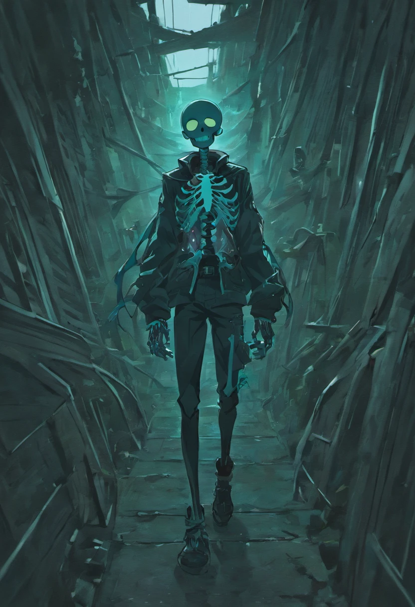black skeleton, goopy skeleton, nightmare!sans, cyan eye, smiling, hands in pockets, black goopy jacket, black goopy shirt, black goopy shorts, tentacles, goopy covered eye, cyan outlin