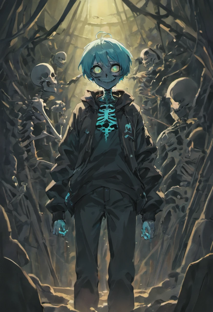 black skeleton, goopy skeleton, nightmare!sans, cyan eye, smiling, hands in pockets, black goopy jacket, black goopy shirt, black goopy shorts, tentacles, goopy covered eye, cyan outlin