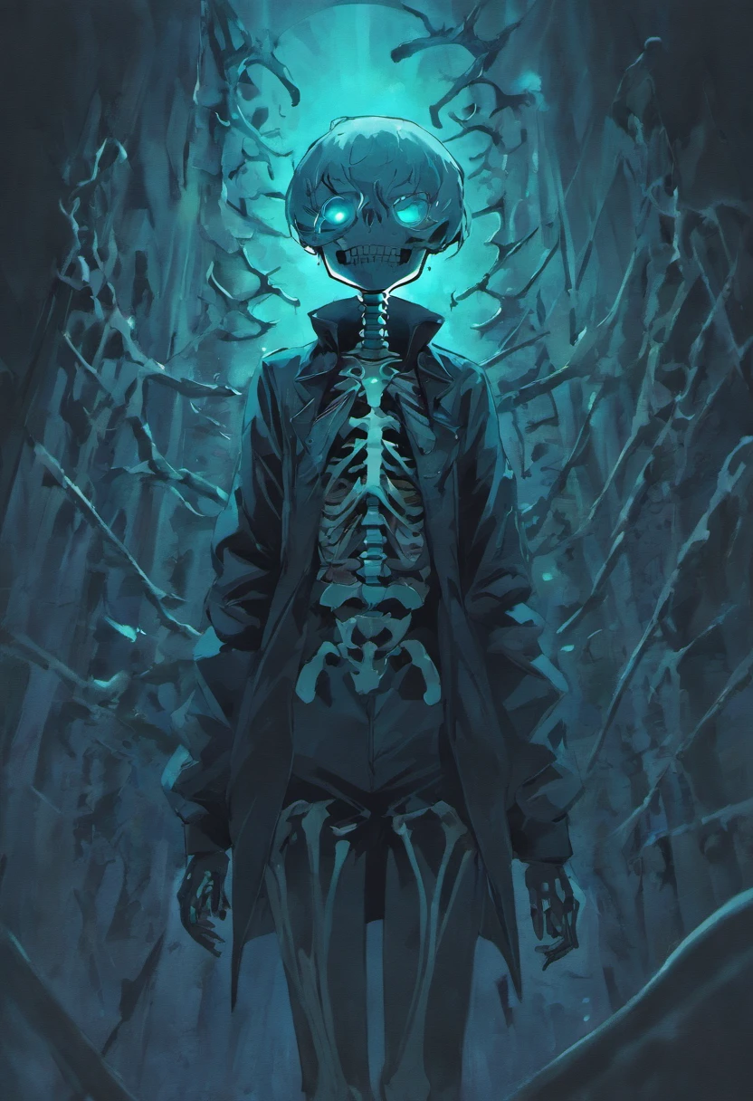 black skeleton, goopy skeleton, nightmare!sans, cyan eye, smiling, hands in pockets, black goopy jacket, black goopy shirt, black goopy shorts, tentacles, goopy covered eye, cyan outlin