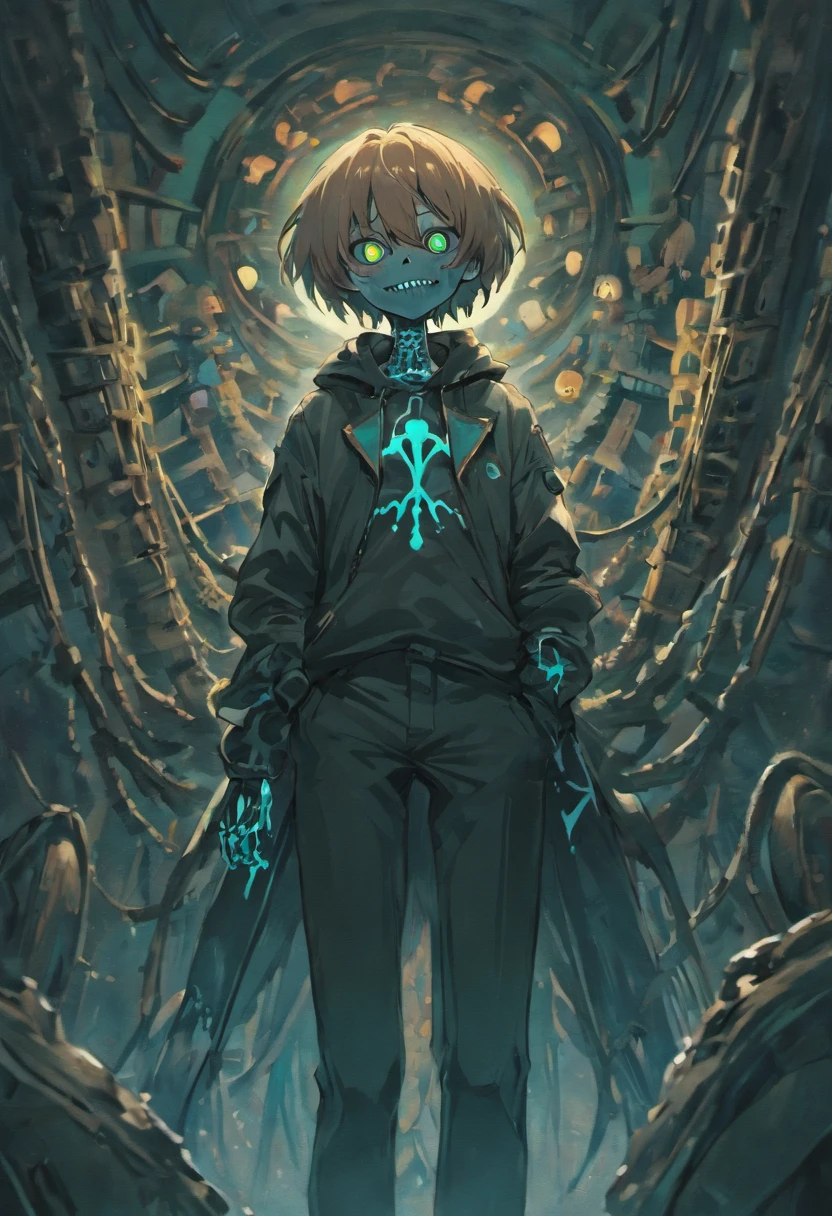 black skeleton, goopy skeleton, nightmare!sans, cyan eye, smiling, hands in pockets, black goopy jacket, black goopy shirt, black goopy shorts, tentacles, goopy covered eye, cyan outlin