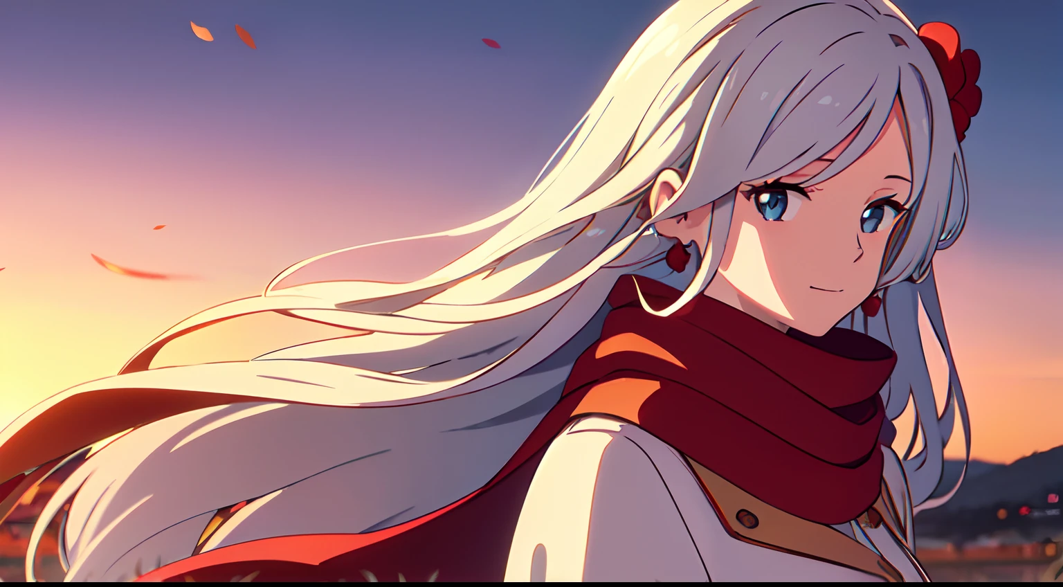 masterpiece, best quality, 1lady, solo, very long hair, curly wavy white hair, blowing hair, (red flower hair ornament), earrings, light blue eyes, maroon winter coat, black Scarf, close up, look at viewer, light smile, autumn scenery, fallen leaf, sunset sky