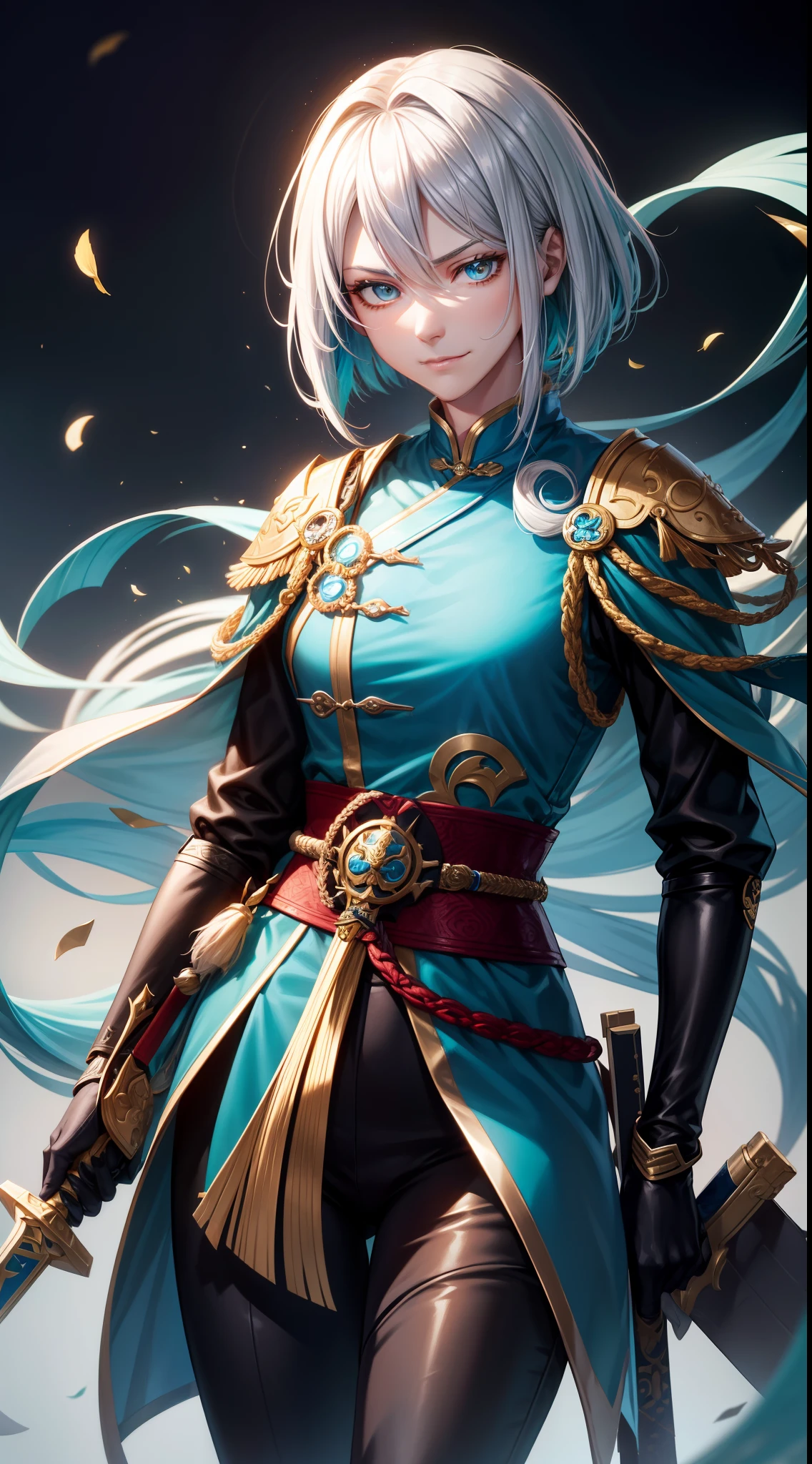 Tall guy, Silver hair in a bob, Cyan eyes, smirk, grace, Beautiful blue Chinese combat jacket, Gold Elements, black tight pants, Chinese Sword, Blue finch, Ling(Mobile Legends), hiquality, 4k, HD, Good detail