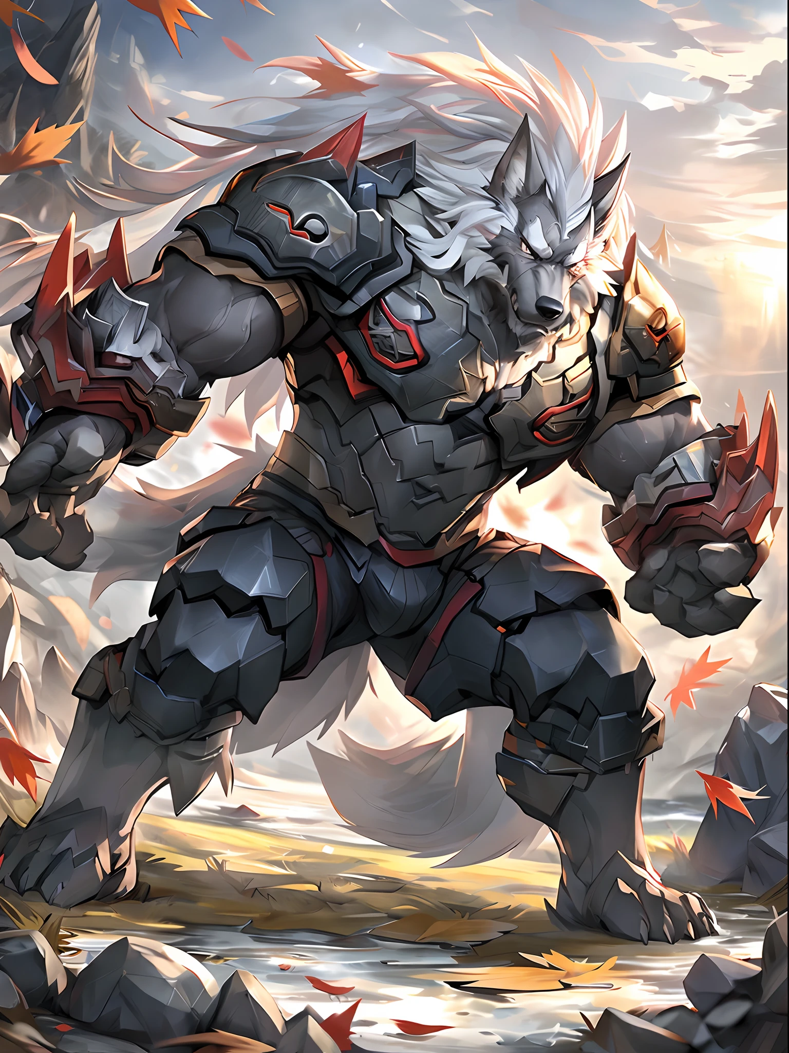 Werewolf warrior，Wearing silver armor，The armor is inlaid with this delicate cyberpunk pattern，Black wolf "Scarlet eyes"，Ferocious，Fighting posture，Hunting，Dangerous forests，Midnight Moon（Detailed, high-resolution picture），Blood-colored moon，1 Anger，Fearless wolves。howls，The large，strongman。Powerful wolf tail，Delicate and delicate mane on the tail。
