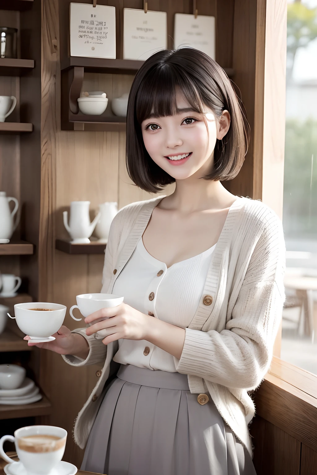 Photo Real、photoRealstic、girl1　A dark-haired、Light bangs、half up、short-hair、Hair splashing outward　with round face　Laughing expression、Facial expressions to enjoy、View here　White cardigan、Gray long skirt　Background with、tea shop
