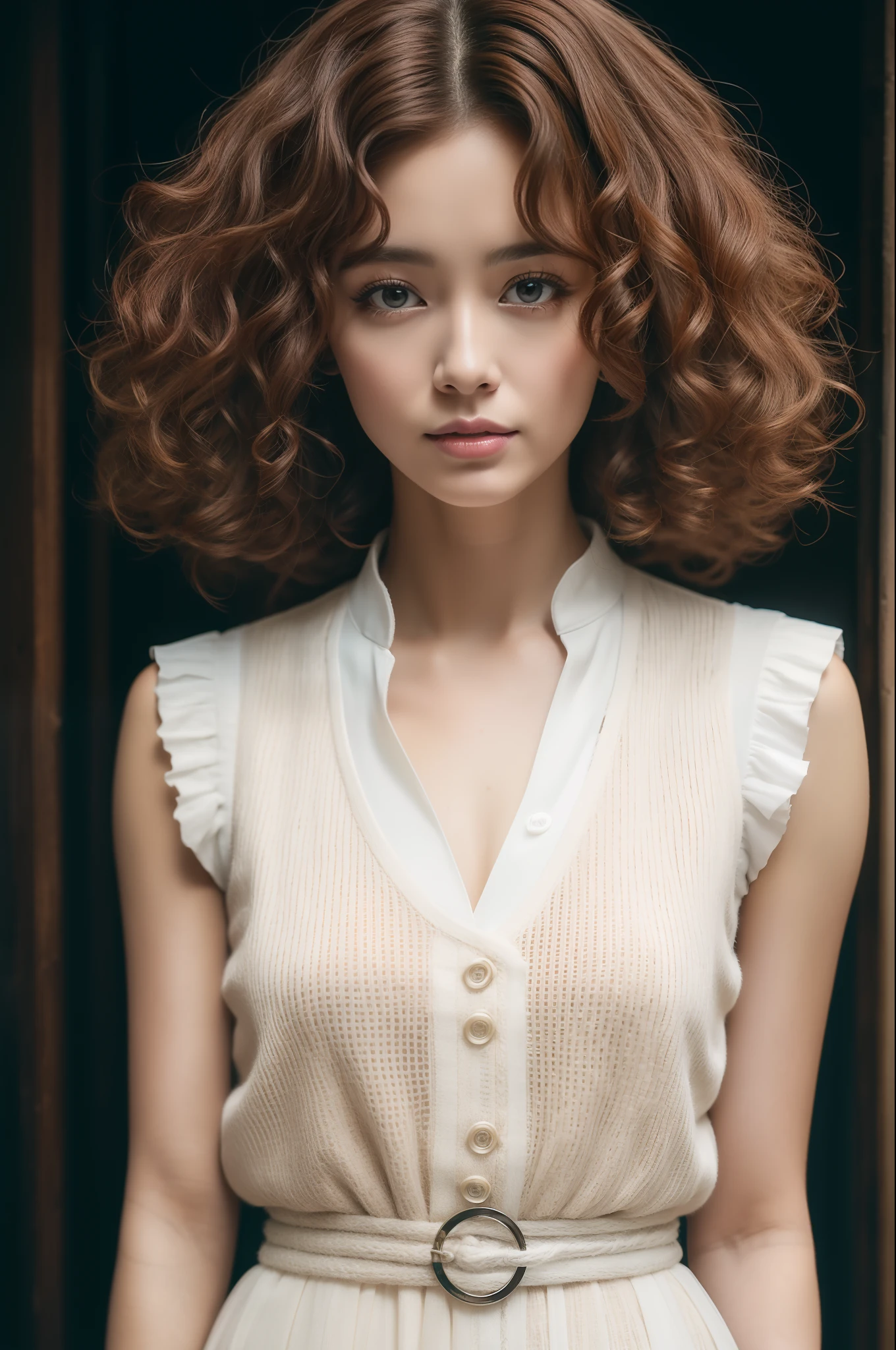 Woman with curly hair and white vest, Cinematic, 8K, Professional Photography