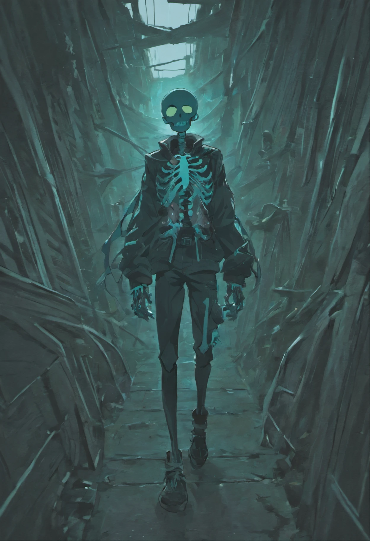 black skeleton, goopy skeleton, nightmare!sans, cyan eye, smiling, hands in pockets, black goopy jacket, black goopy shirt, black goopy shorts, tentacles, goopy covered eye, cyan outlin
