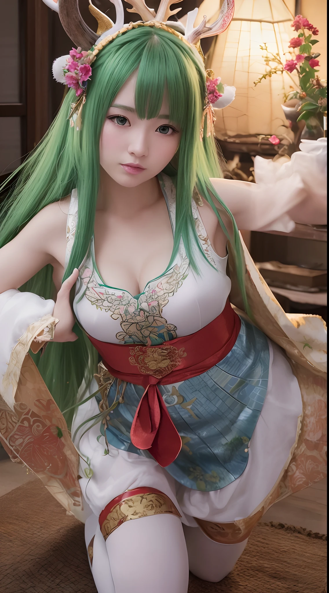 (Best quality,4K,8K,A high resolution,Masterpiece:1.2), super ultra detail, (Photorealsitic,Photorealistic,photo-realistic:1.37), Bokeh, Green-haired beauty, Vertical yellow pupils, deer antlers, maid costume, Soft lighting, Playfully and gracefully bent over, Sharp focus, ultra-detailliert, Ethereal, Traditional Chinese landscape painting, Vibrant colors, Soft lighting.