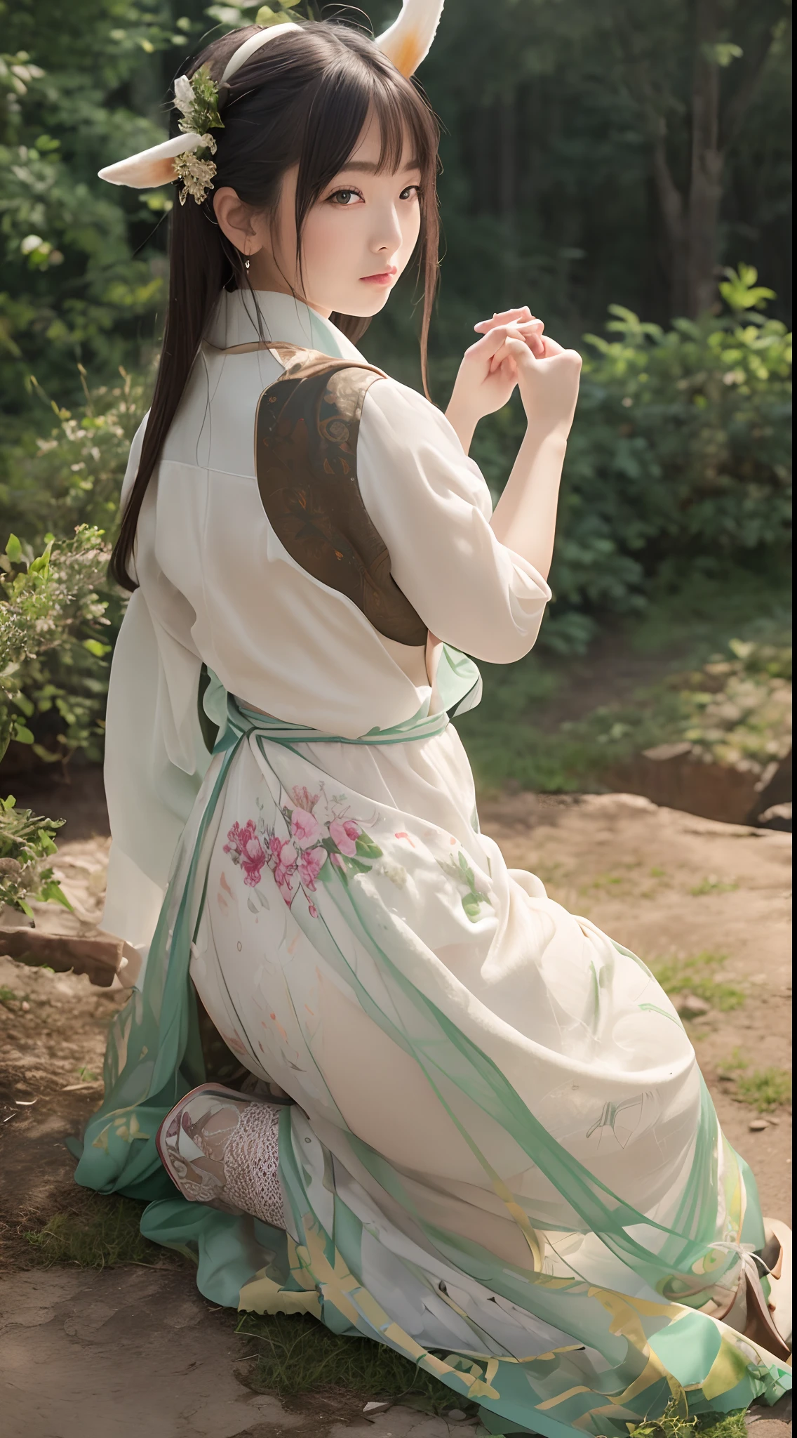 (Best quality,4K,8K,A high resolution,Masterpiece:1.2), super ultra detail, (Photorealsitic,Photorealistic,photo-realistic:1.37), Bokeh, Green-haired beauty, Vertical yellow pupils, deer antlers, maid costume, Soft lighting, Playfully and gracefully bent over, Sharp focus, ultra-detailliert, Ethereal, Traditional Chinese landscape painting, Vibrant colors, Soft lighting.