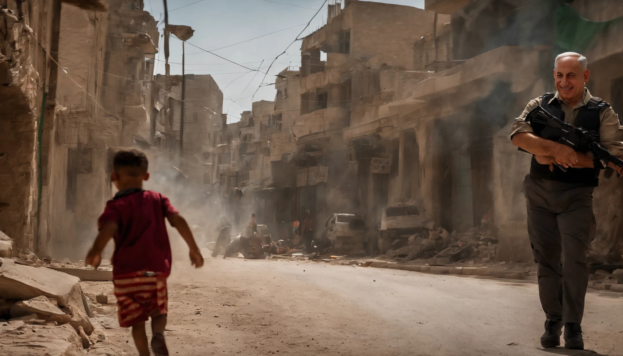 Benjamin Netanyahu is smiling cruelly and killing little innocent Palestinian children brutally from missiles. In Palestine street . Whole street view