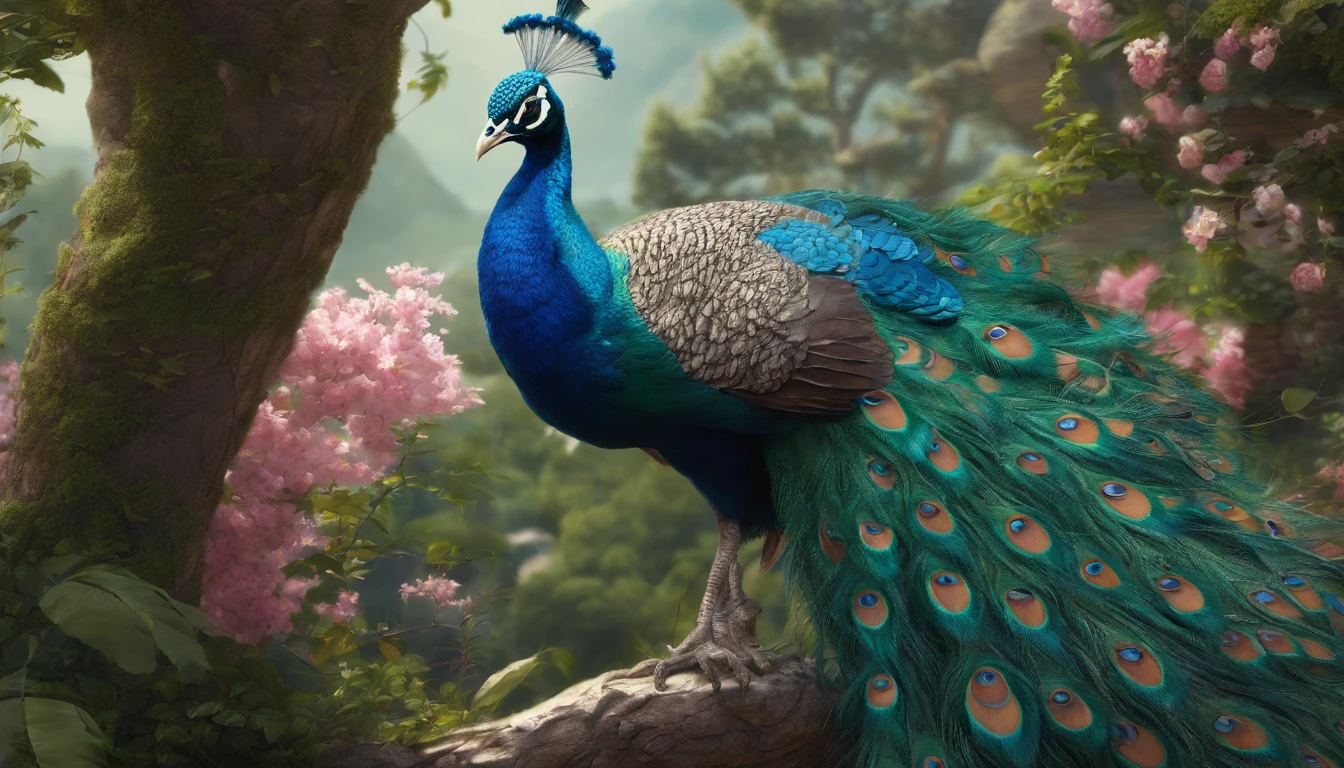 a close up of a peacock on a tree with flowers, beautiful and graceful, blue phoenix bird, peacock. intricate, peaceful and graceful, peacock in the desert, detailed beautiful animals, peacock, 4 k highly detailed art, beautiful and elegant, detailed painting 4 k, beautiful masterpiece, 8k high quality detailed art