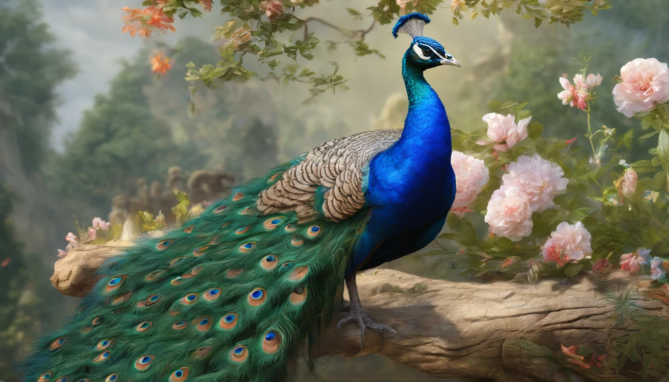 a close up of a peacock on a tree with flowers, beautiful and graceful, blue phoenix bird, peacock. intricate, peaceful and graceful, peacock in the desert, detailed beautiful animals, peacock, 4 k highly detailed art, beautiful and elegant, detailed painting 4 k, beautiful masterpiece, 8k high quality detailed art