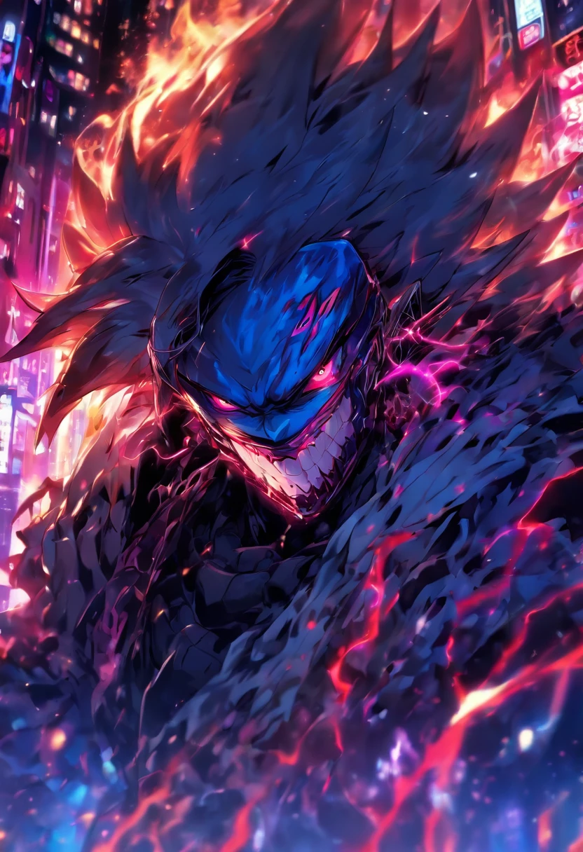 Anime humanoid monster, character design,wearing a futuristic mouth mask,grin,boy,maniac,deranged look,messy unkept hair,hair covering right eye, vibrant eye color,red and blue eyes,(white hair), close up shot, creating a crack in reality, powerful aura, destroyed city, very dark,night,8k,64k, HD, unparalleled masterpiece, dynamic lighting, cinematic, epic