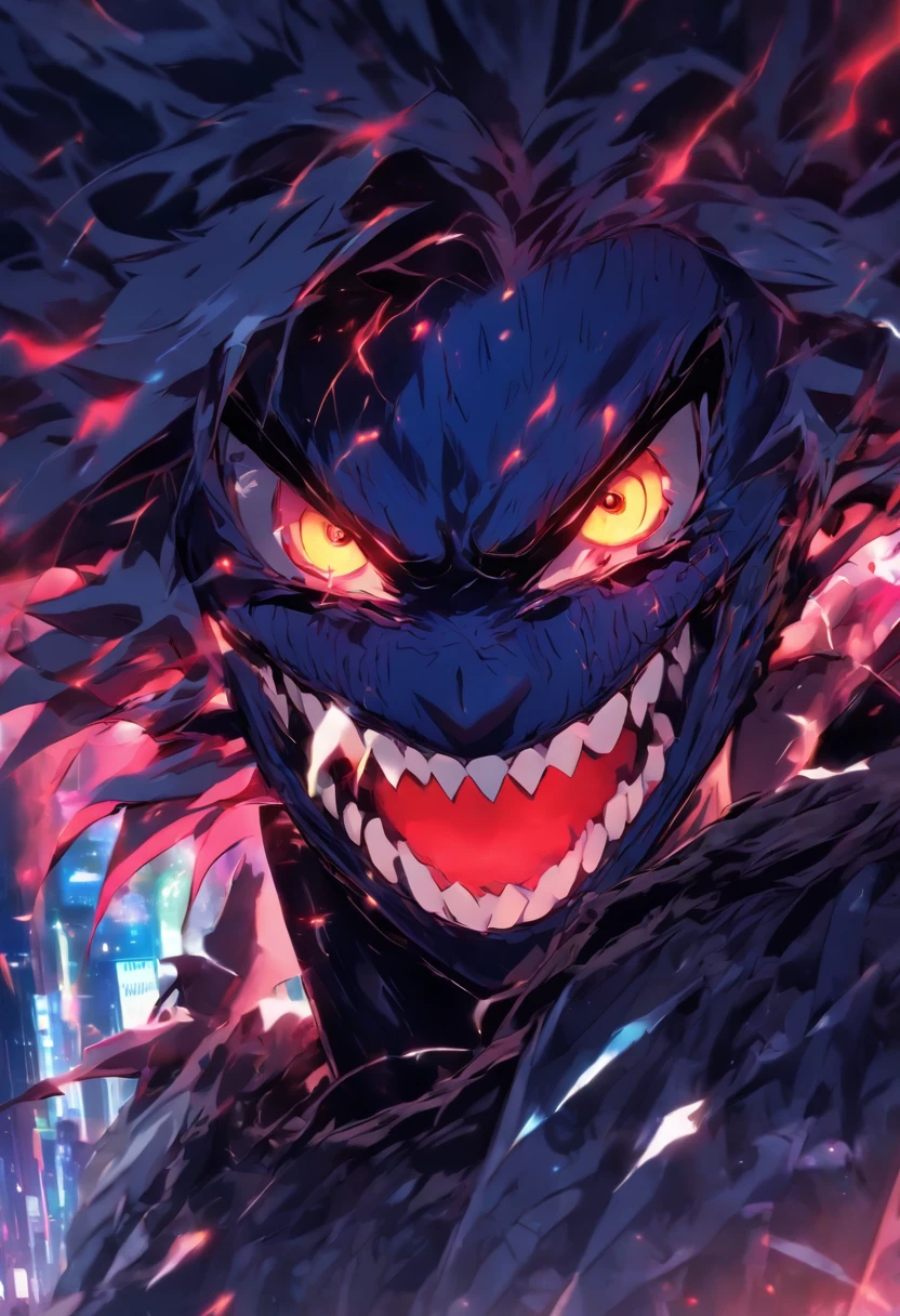 Anime humanoid monster, character design,wearing a futuristic mouth mask,grin,boy,maniac,deranged look,messy unkept hair,hair covering right eye, vibrant eye color,red and blue eyes,(white hair), close up shot, creating a crack in reality, powerful aura, destroyed city, very dark,night,8k,64k, HD, unparalleled masterpiece, dynamic lighting, cinematic, epic