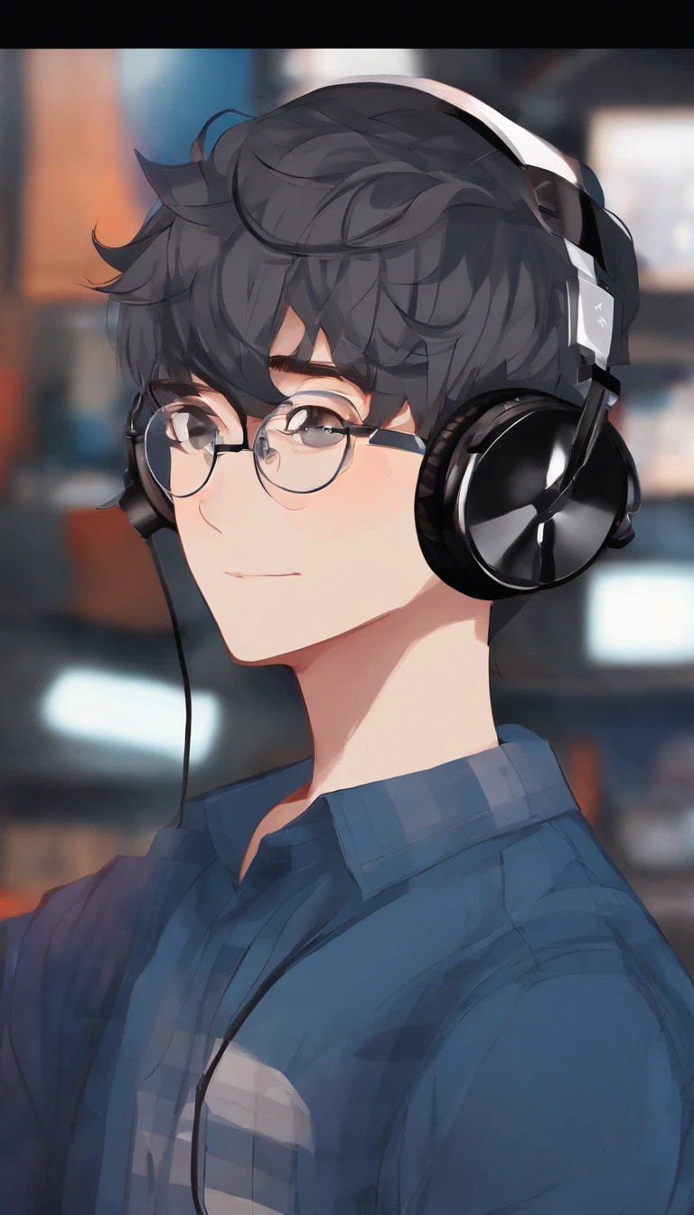 boy with round glasses and tall, wearing a blue check shirt, black hair, gaming, background with Discord website, headphones, vibrant colors, studio lighting