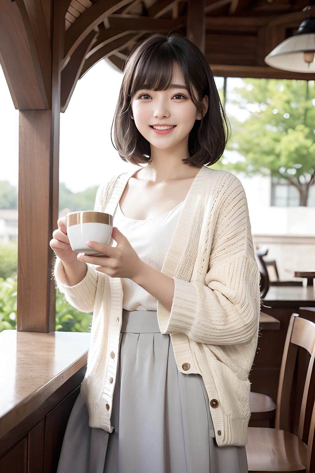 Photo Real、photoRealstic、girl1 A dark-haired、Light bangs、half up、short-hair、Hair splashing outward with round face Laughing expression、Facial expressions to enjoy、View here White cardigan、Gray long skirt Background with、tea shop
