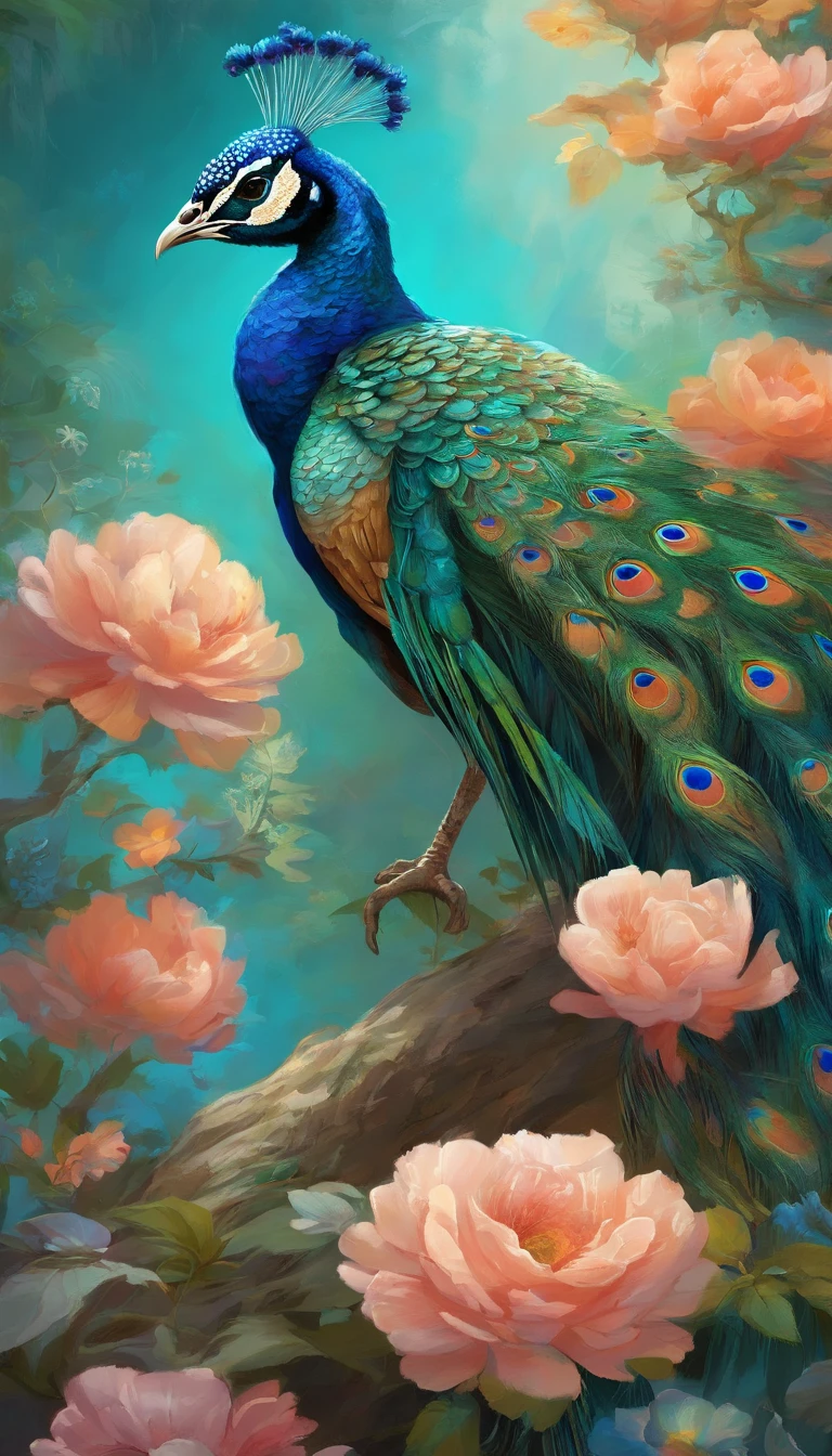 a close up of a peacock on a tree with flowers, beautiful and graceful, blue phoenix bird, peacock. intricate, peaceful and graceful, peacock in the desert, detailed beautiful animals, peacock, 4 k highly detailed art, beautiful and elegant, detailed painting 4 k, beautiful masterpiece, 8k high quality detailed art