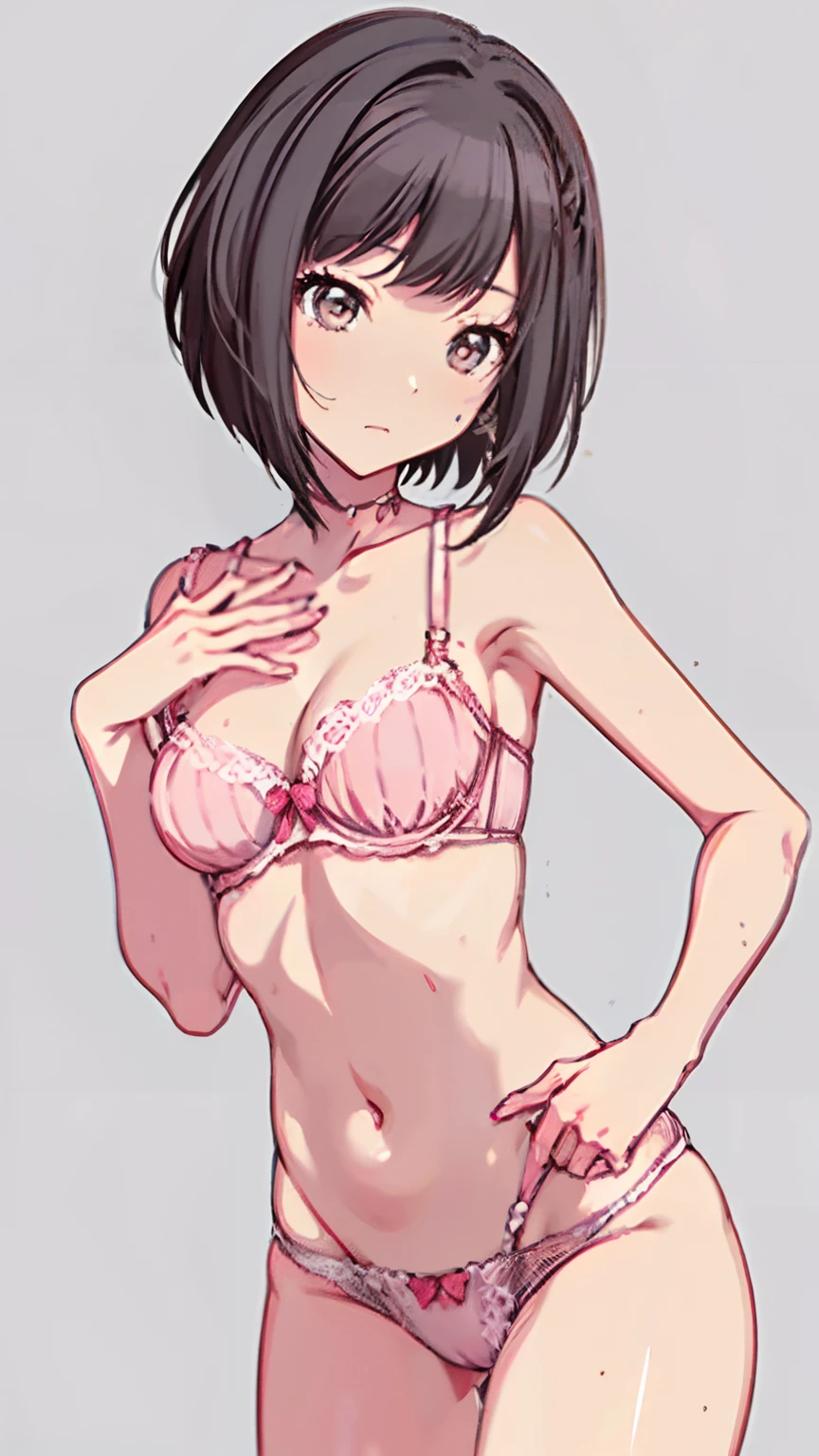 (Light pink underwear　Unhook the bra　Gravure Pose　Very detailed down to the smallest detail　clear outlines　Beautiful face　Beautiful skin)  thin-waist　A slender　ribbed　skinny limbs　teats　cleavage of the breast　Beautiful breasts　a short bob　Uterine mouth　Beautiful fingertips　Pink Nails　Anime style