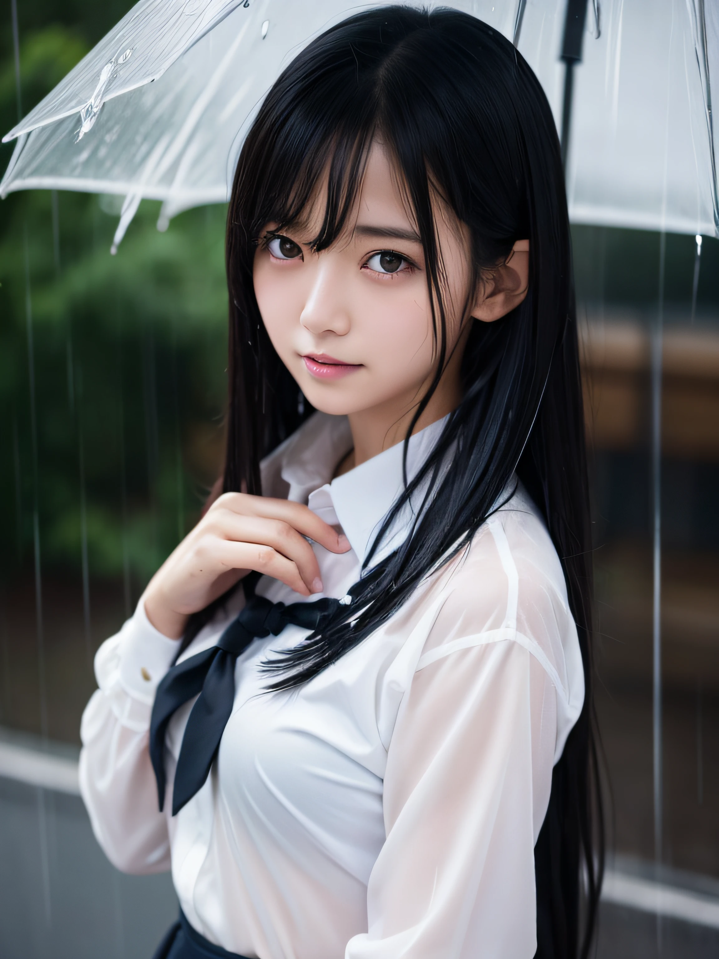 1girl in, Long Black Hair,Schoolgirl Uniform, Shy, blush, Wet, Rain, Bra sheer, (masutepiece, Best Quality), Soft light, Cinematic composition, Cinematic Light