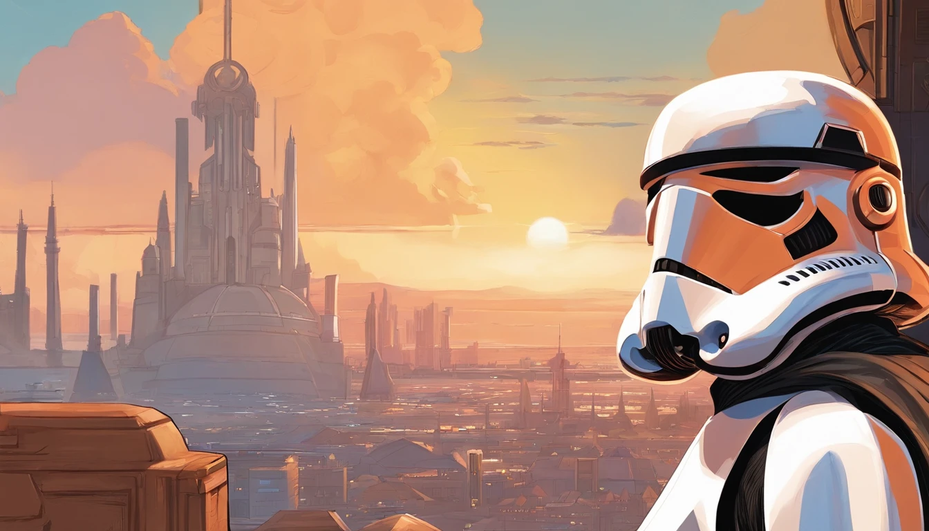 extreme close up portrait, Female Imperial Stormtrooper, city in the background, concept art by Magalie Villeneuve, trending on cg society, ""Star Wars"": The Old Republic", concept art by Ralph McQuarrie