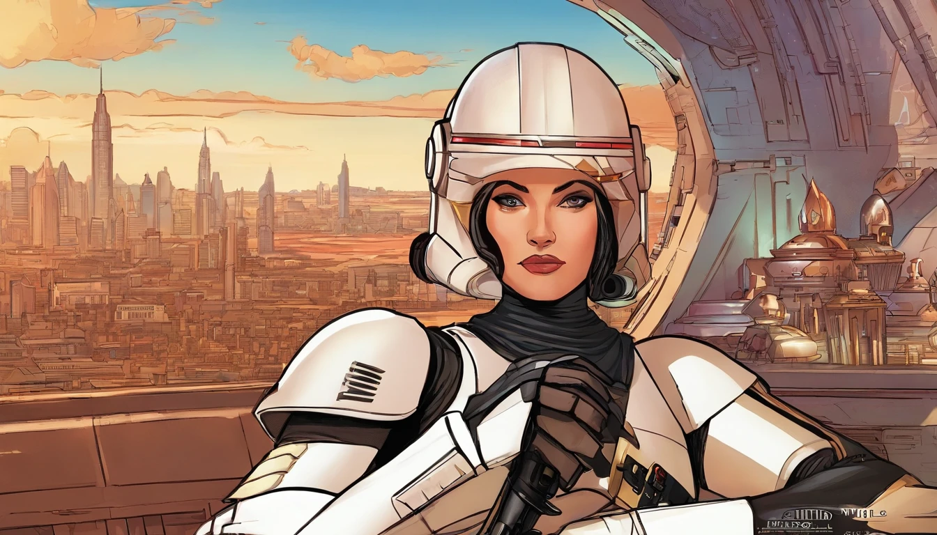 extreme close up portrait, Female Imperial Stormtrooper, city in the background, concept art by Magalie Villeneuve, trending on cg society, ""Star Wars"": The Old Republic", concept art by Ralph McQuarrie