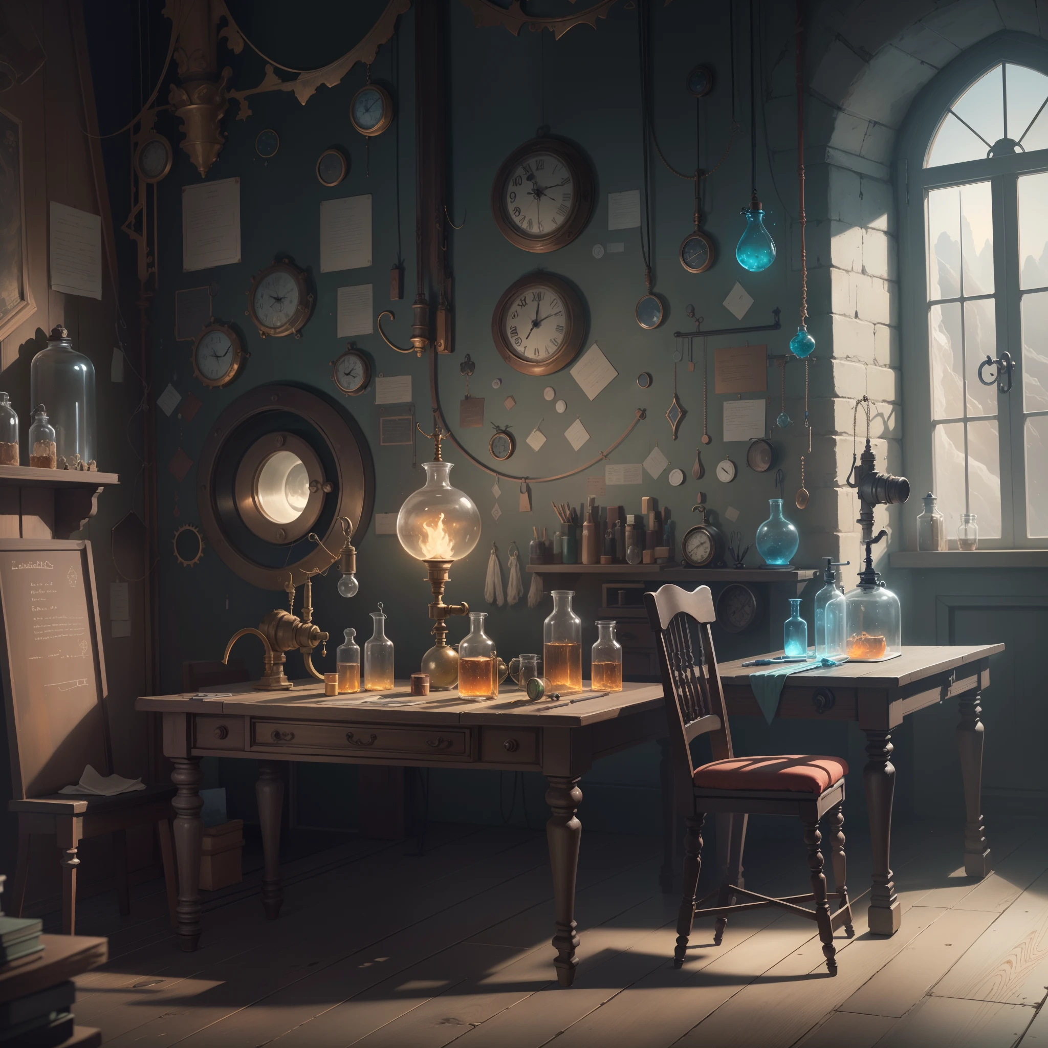 room with desk and chair, fantasy alchemist laboratory, magic laboratory setting, mysterious laboratory, steampunk laboratory, magic lab background, wizards laboratory, surreal sci fi set design, science fantasy painting, 8k high detail concept art, alchemy laboratory, highly detailed matte painting, realistic fantasy render, surrealism 8k,