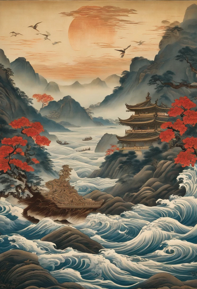 Yamakawa,rios,Sun,Mountain and Sea Skylark Scroll,Ancient mythology《Mountain and Sea Sutra》,mythological beasts,Epic composition,shadowing,National style
