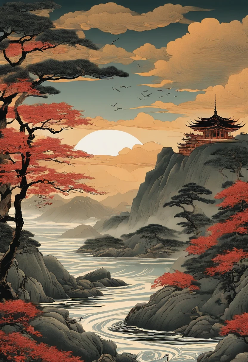 Yamakawa，rios，Sun，Mountain and Sea Skylark Scroll，Ancient mythology《Mountain and Sea Sutra》，mythological beasts，Epic composition，shadowing，National style