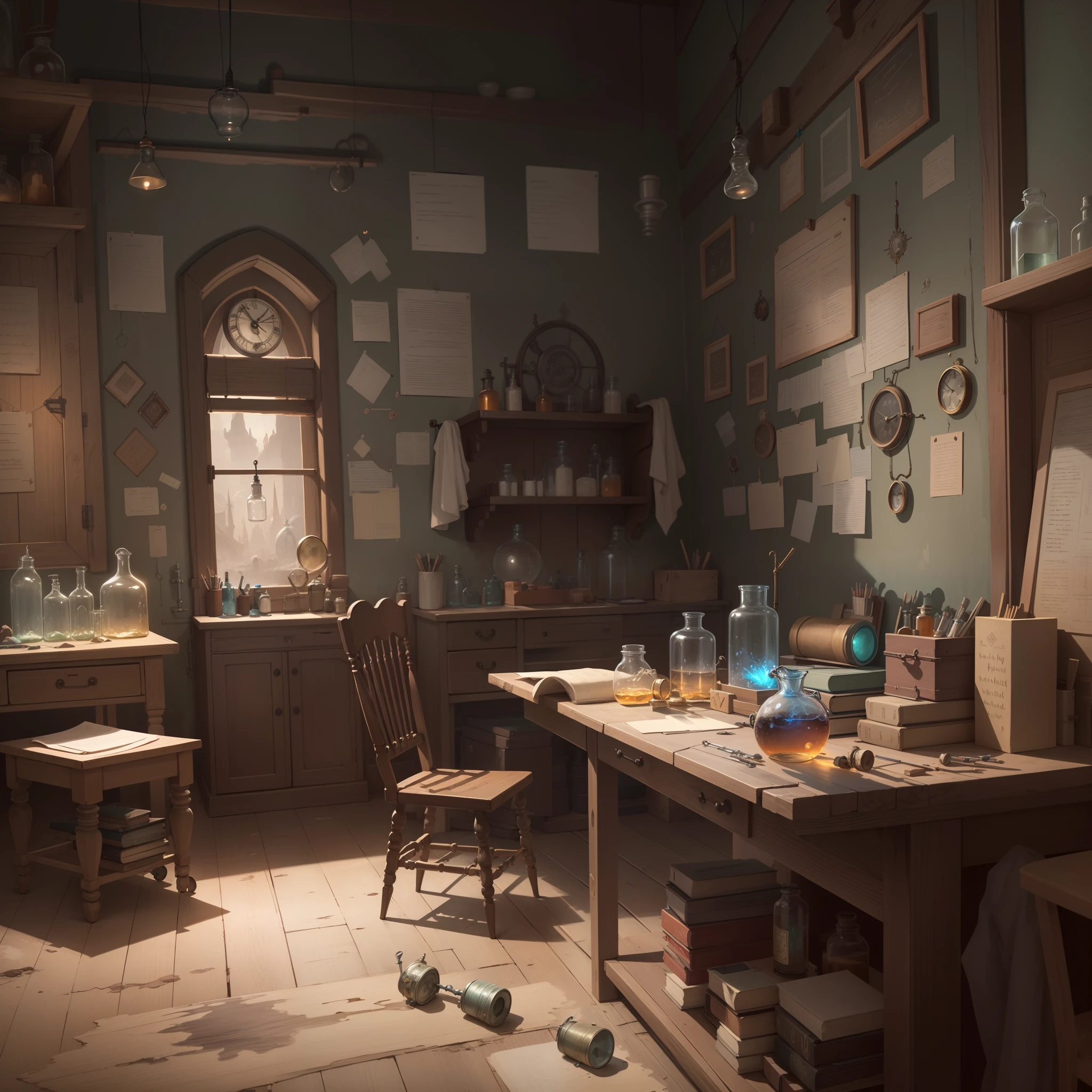 room with desk and chair, fantasy alchemist laboratory, magic laboratory setting, mysterious laboratory, steampunk laboratory, magic lab background, wizards laboratory, surreal sci fi set design, science fantasy painting, 8k high detail concept art, alchemy laboratory, highly detailed matte painting, realistic fantasy render, surrealism 8k,