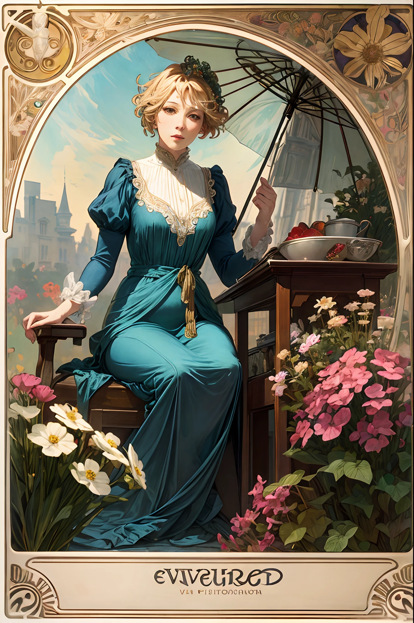 1 beautiful girl, Violet Evergarden, blonde hair, blue dress, white skirt, slim girl, ((Mucha works art background)), parasol, in flower garden,