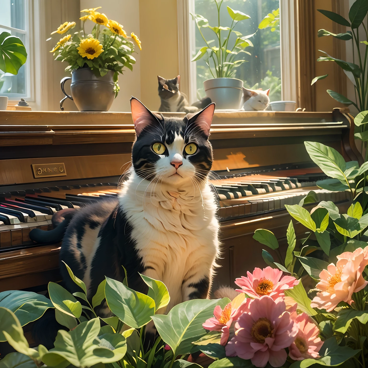 A round-eyed cat sits by the piano in the living room, flower pots, Sunlight outside the window.