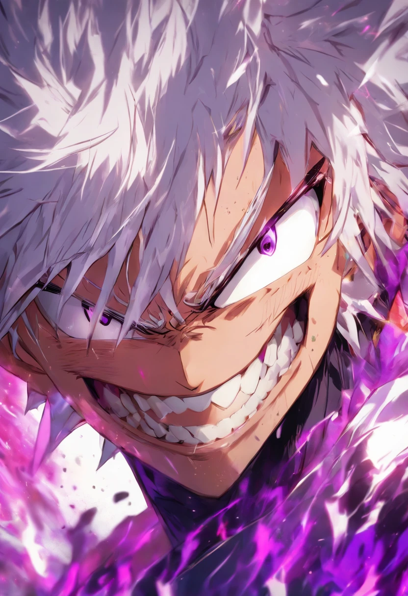 1 man,short messy white hair, purplish white eyes,grin,sharp teeth, portrait,close up of the upper body