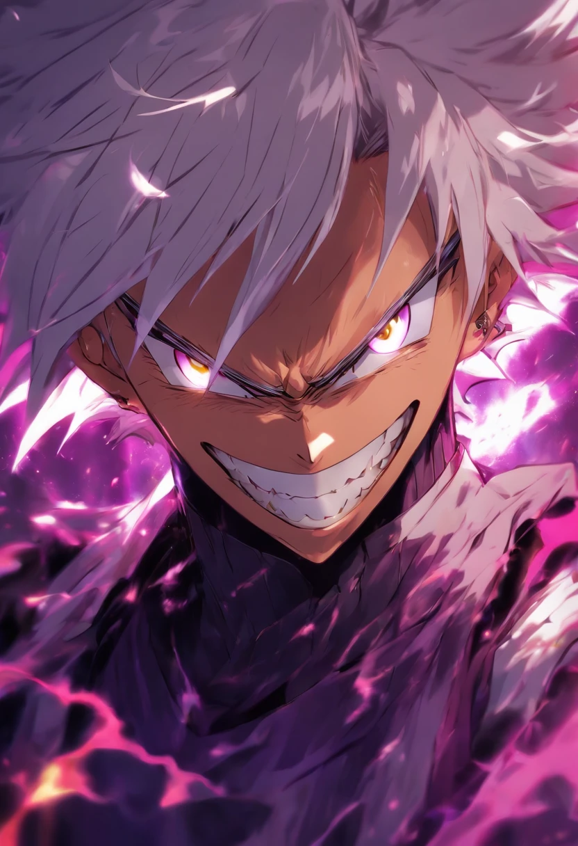 1 man,short messy white hair, purplish white eyes,grin,sharp teeth, portrait,close up of the upper body