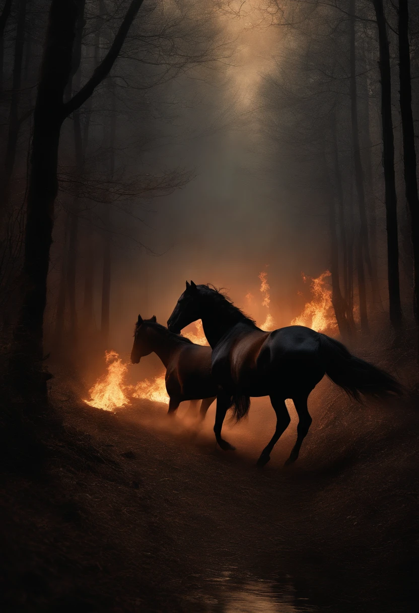 terror, intimate scandal, horse on fire, dark setting, macabre forest
Medium: Dark avant-garde digital painting, HDR, ultra-detailed
Scene: In a macabre forest shrouded in darkness, where the moonlight barely pierces through the thick canopy of trees, a scene of terror unfolds. The setting is eerie and haunting, with an atmosphere of suspense and dread.
Characters: In the center of the forest, there is an intimate scandal taking place. individuals, dressed in elaborate Victorian attire, embrace each other passionately. Their faces are illuminated by the flickering flames of horses that are on fire, which creates a sinister and otherworldly ambiance. The individuals' eyes reflect a mixture of fear, desire, and guilt, adding to the intensity of the scene. The whole setting exudes an aura of enigmatic darkness.
Details: The forest is dense and filled with gnarled trees with twisted branches, creating a maze-like effect. The ground is covered in dry, dead leaves and moss, adding to the unsettling atmosphere. The horses, engulfed in flames, gallop through the forest, casting long, fiery shadows on their path, leaving a trail of destruction in their wake. Smoke rises from the burning horses, forming ominous shapes that blend with the dark surroundings. The macabre forest is also inhabited by haunting creatures such as twisted shadows, unseen eyes peering from the darkness, and whispers floating through the air.
Artistic Style: The artwork should evoke a sense of horror and suspense, with elements of darkness and the macabre. It should be reminiscent of gothic and surrealistic art, with a touch of Victorian aesthetics. The colors used should be deep and rich, with a predominance of dark shades, enhancing the eerie atmosphere.
Lighting: The lighting in the scene is low and moody, with patches of moonlight filtering through the dense foliage, casting long shadows that heighten the sense of mystery and danger. The flames from the horses' bodies provide flickering, dynam