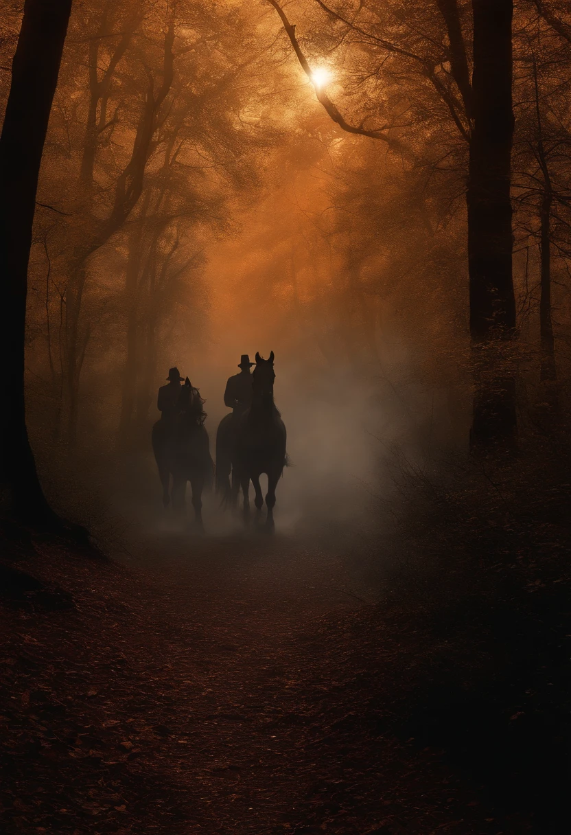 terror, intimate scandal, horse on fire, dark setting, macabre forest

Medium: Dark avant-garde digital painting, HDR, ultra-detailed

Scene: In a macabre forest shrouded in darkness, where the moonlight barely pierces through the thick canopy of trees, a scene of terror unfolds. The setting is eerie and haunting, with an atmosphere of suspense and dread.

Characters: In the center of the forest, there is an intimate scandal taking place. individuals, dressed in elaborate Victorian attire, embrace each other passionately. Their faces are illuminated by the flickering flames of horses that are on fire, which creates a sinister and otherworldly ambiance. The individuals' eyes reflect a mixture of fear, desire, and guilt, adding to the intensity of the scene. The whole setting exudes an aura of enigmatic darkness.

Details: The forest is dense and filled with gnarled trees with twisted branches, creating a maze-like effect. The ground is covered in dry, dead leaves and moss, adding to the unsettling atmosphere. The horses, engulfed in flames, gallop through the forest, casting long, fiery shadows on their path, leaving a trail of destruction in their wake. Smoke rises from the burning horses, forming ominous shapes that blend with the dark surroundings. The macabre forest is also inhabited by haunting creatures such as twisted shadows, unseen eyes peering from the darkness, and whispers floating through the air.

Artistic Style: The artwork should evoke a sense of horror and suspense, with elements of darkness and the macabre. It should be reminiscent of gothic and surrealistic art, with a touch of Victorian aesthetics. The colors used should be deep and rich, with a predominance of dark shades, enhancing the eerie atmosphere.

Lighting: The lighting in the scene is low and moody, with patches of moonlight filtering through the dense foliage, casting long shadows that heighten the sense of mystery and danger. The flames from the horses' bodies provide flickering, dynam